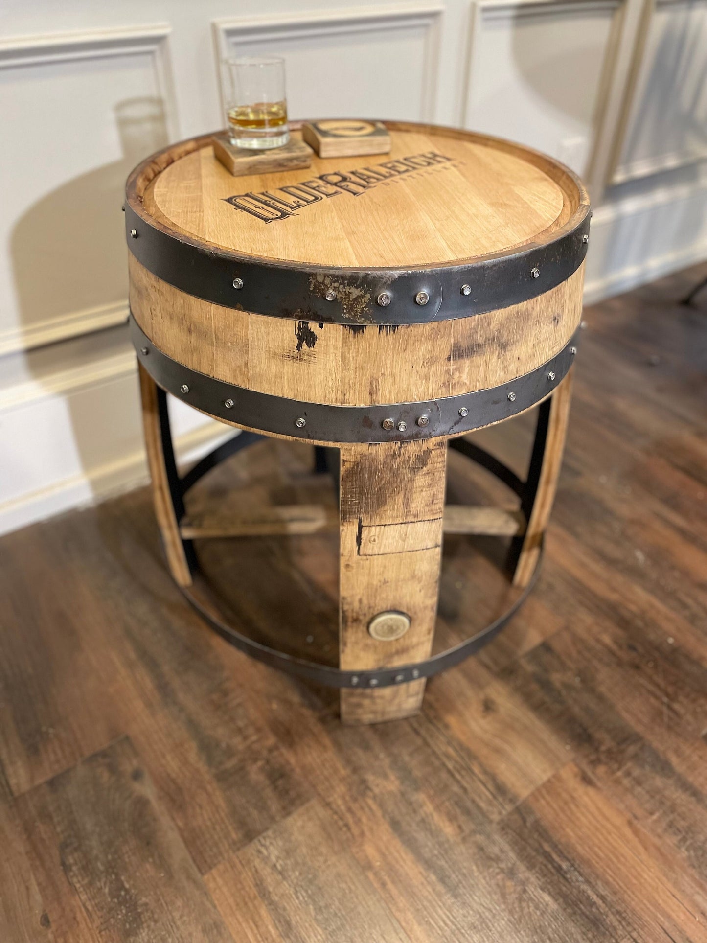 Whiskey Barrel End Table- Custom Engraving Available