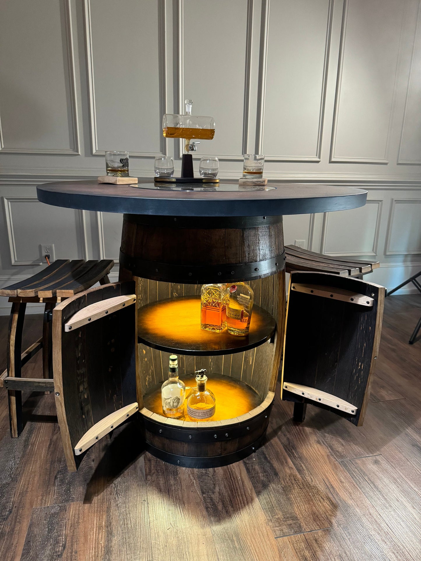 Custom made Bourbon Barrel Bistro/Pub Table Table with cabinet base and glass insert- Custom designed laser engraving available