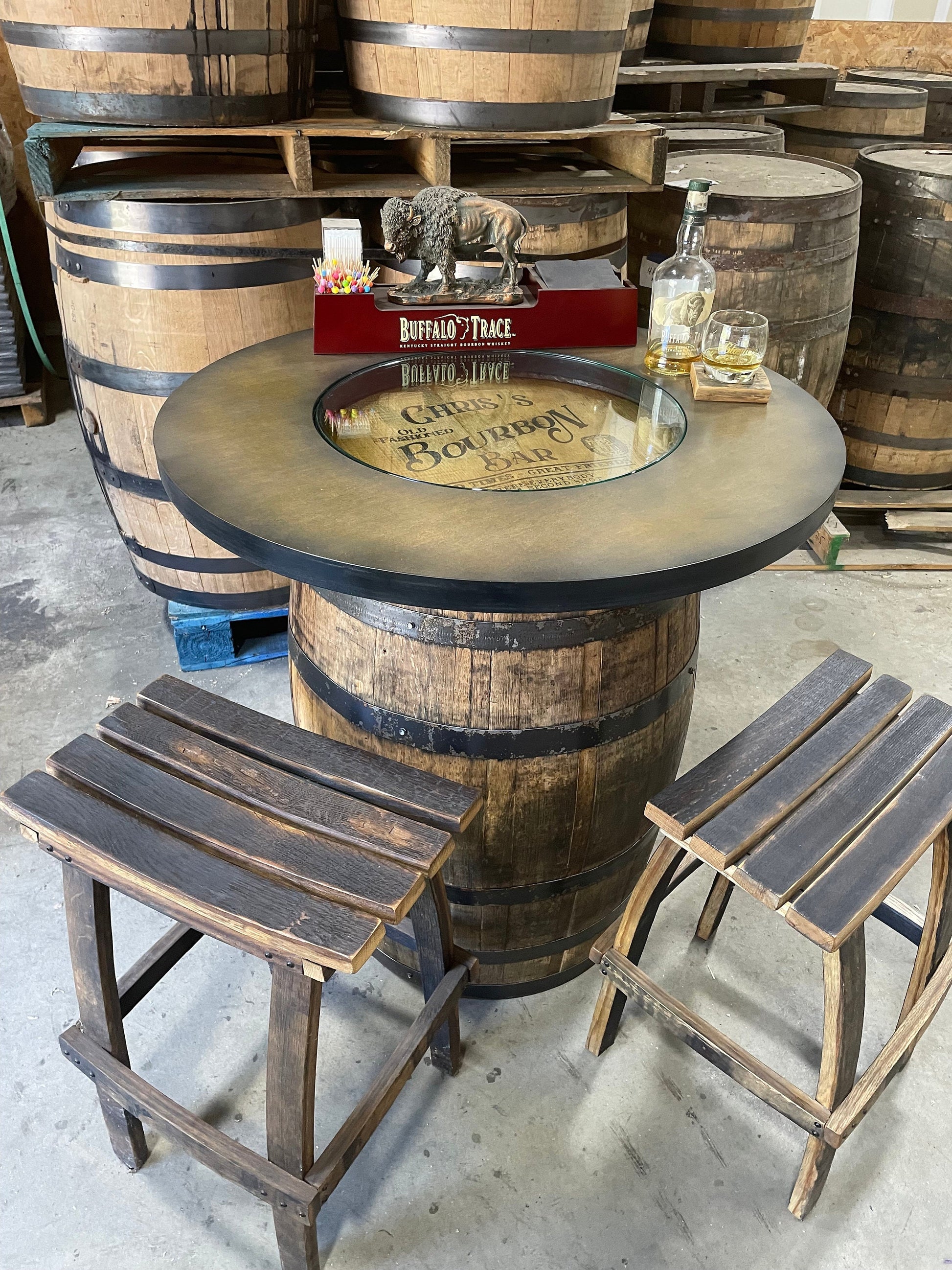 Custom made Bourbon Barrel Bistro/Pub Table Table with cabinet base and glass insert- Custom designed laser engraving available