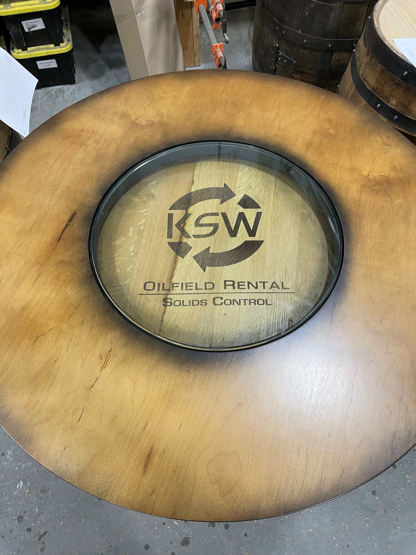 Custom made Bourbon Barrel Bistro/Pub Table Table with cabinet base and glass insert- Custom designed laser engraving available