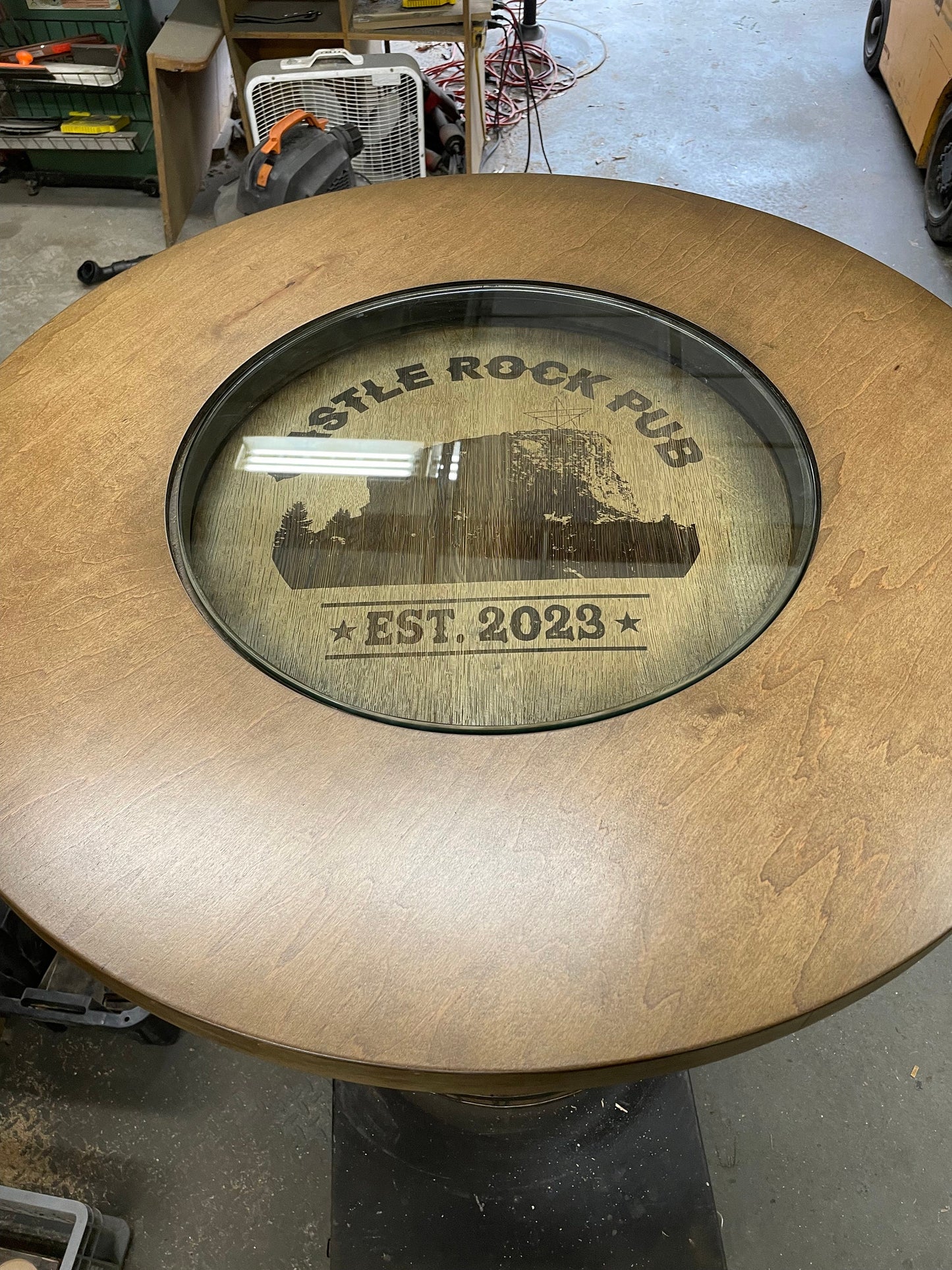 Custom made Bourbon Barrel Bistro/Pub Table Table with cabinet base and glass insert- Custom designed laser engraving available