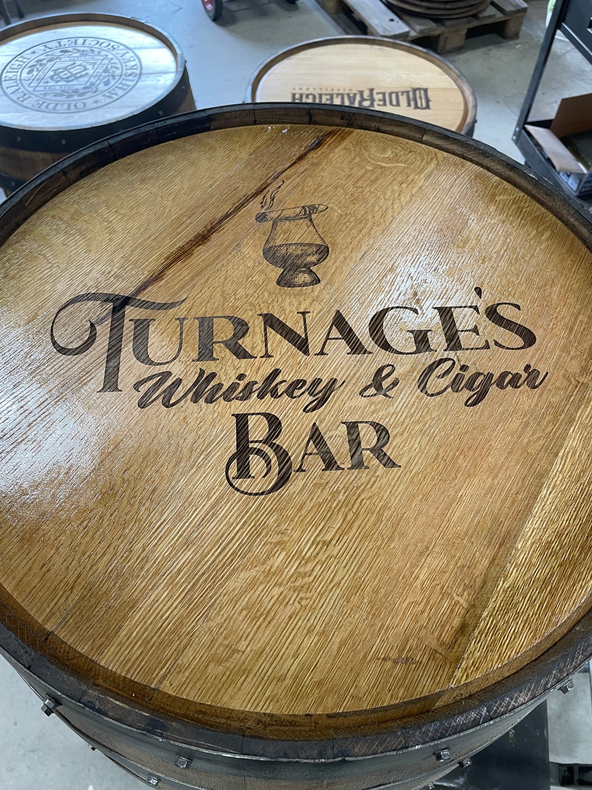 Custom made Bourbon Barrel Bistro/Pub Table Table with cabinet base and glass insert- Custom designed laser engraving available