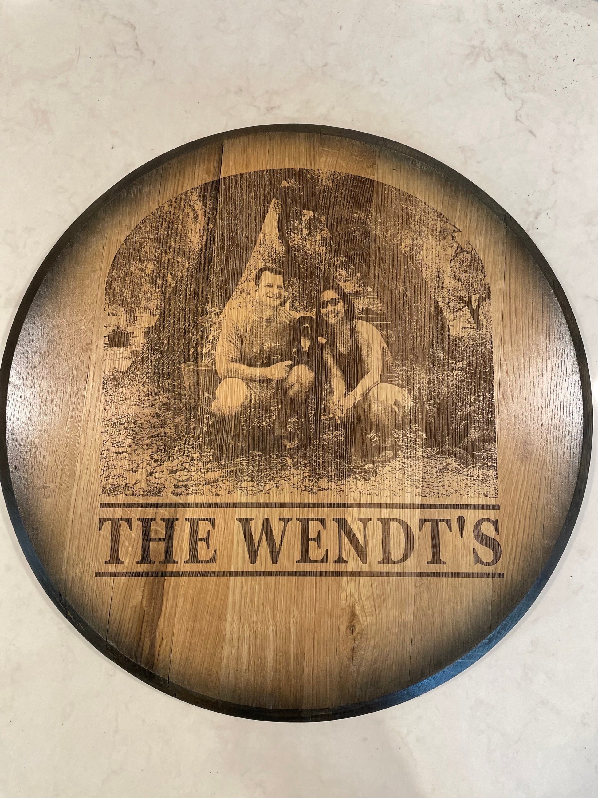 Custom Commemorative Photo Engraved Whiskey Barrel Head