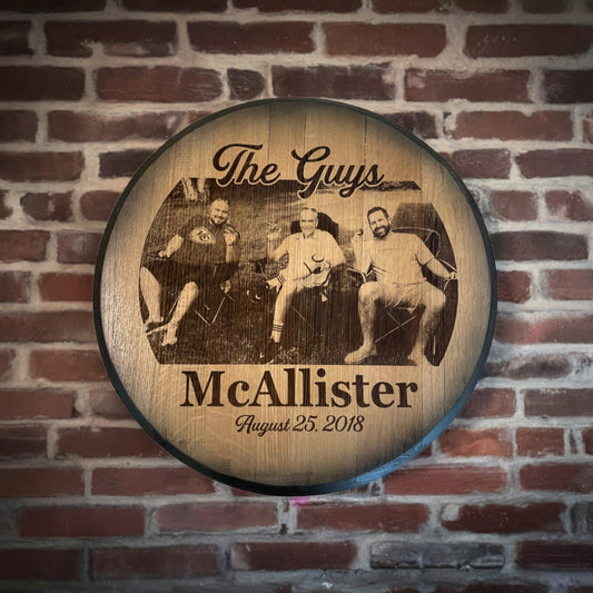 Custom Commemorative Photo Engraved Whiskey Barrel Head