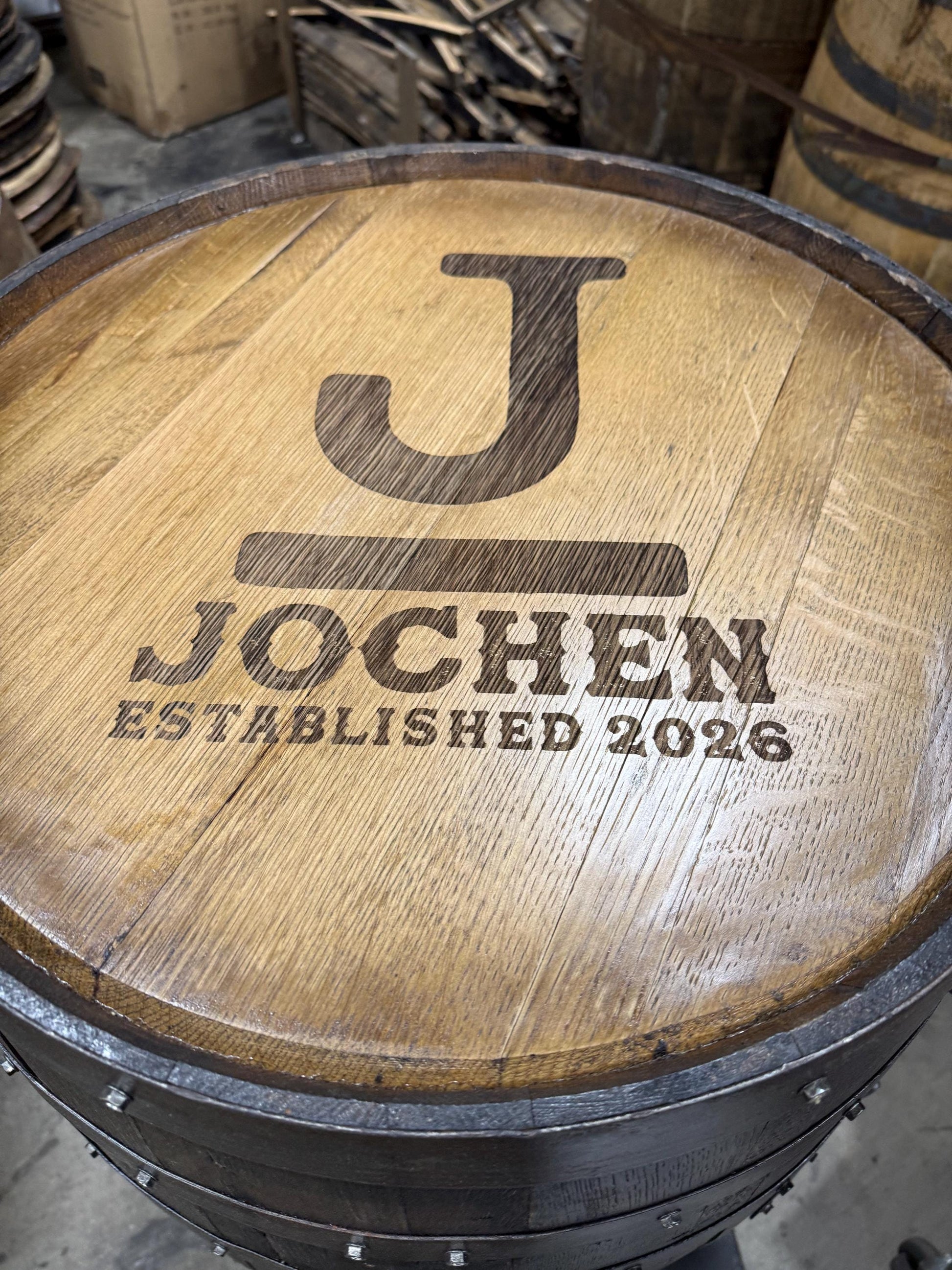 Custom made Bourbon Barrel Bistro/Pub Table Table with cabinet base and glass insert- Custom designed laser engraving available