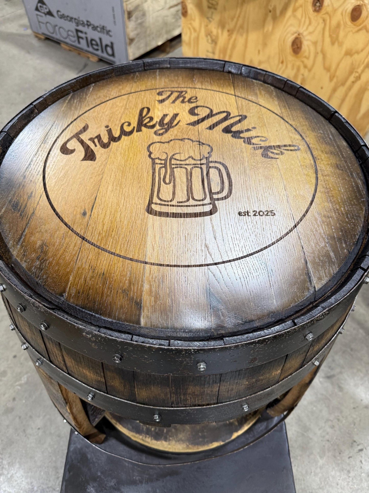 Custom made Bourbon Barrel Bistro/Pub Table Table with cabinet base and glass insert- Custom designed laser engraving available