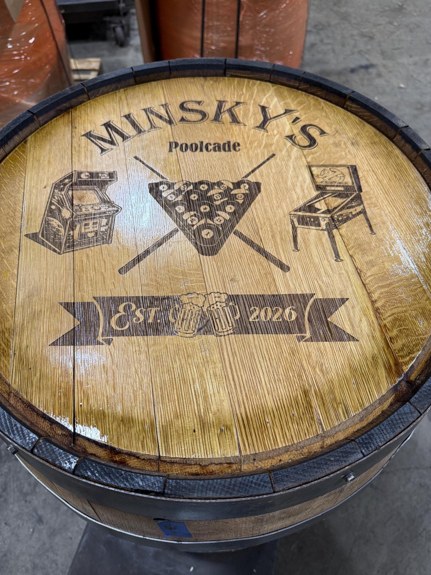 Custom made Bourbon Barrel Bistro/Pub Table Table with cabinet base and glass insert- Custom designed laser engraving available