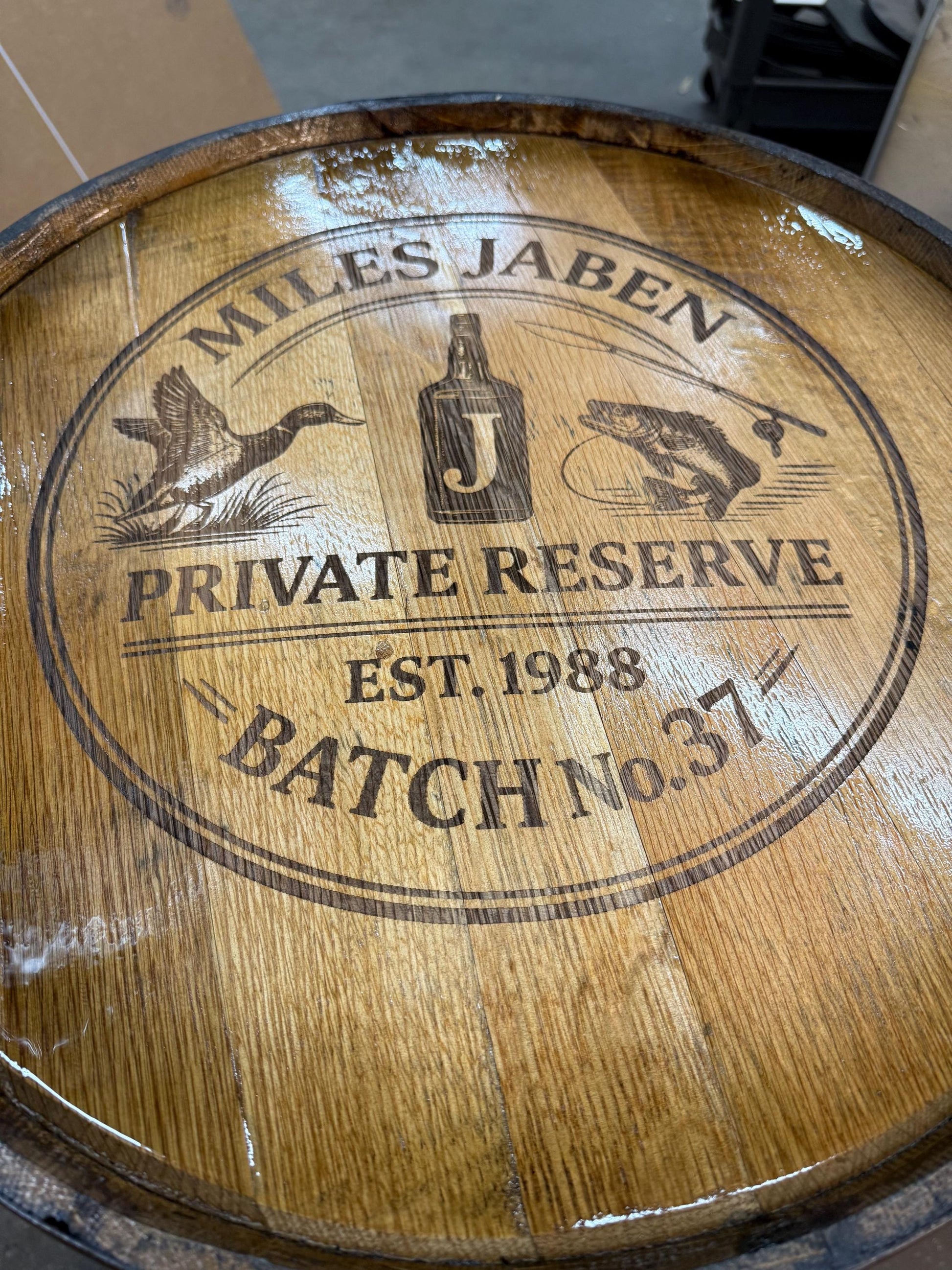 Custom made Bourbon Barrel Bistro/Pub Table Table with cabinet base and glass insert- Custom designed laser engraving available