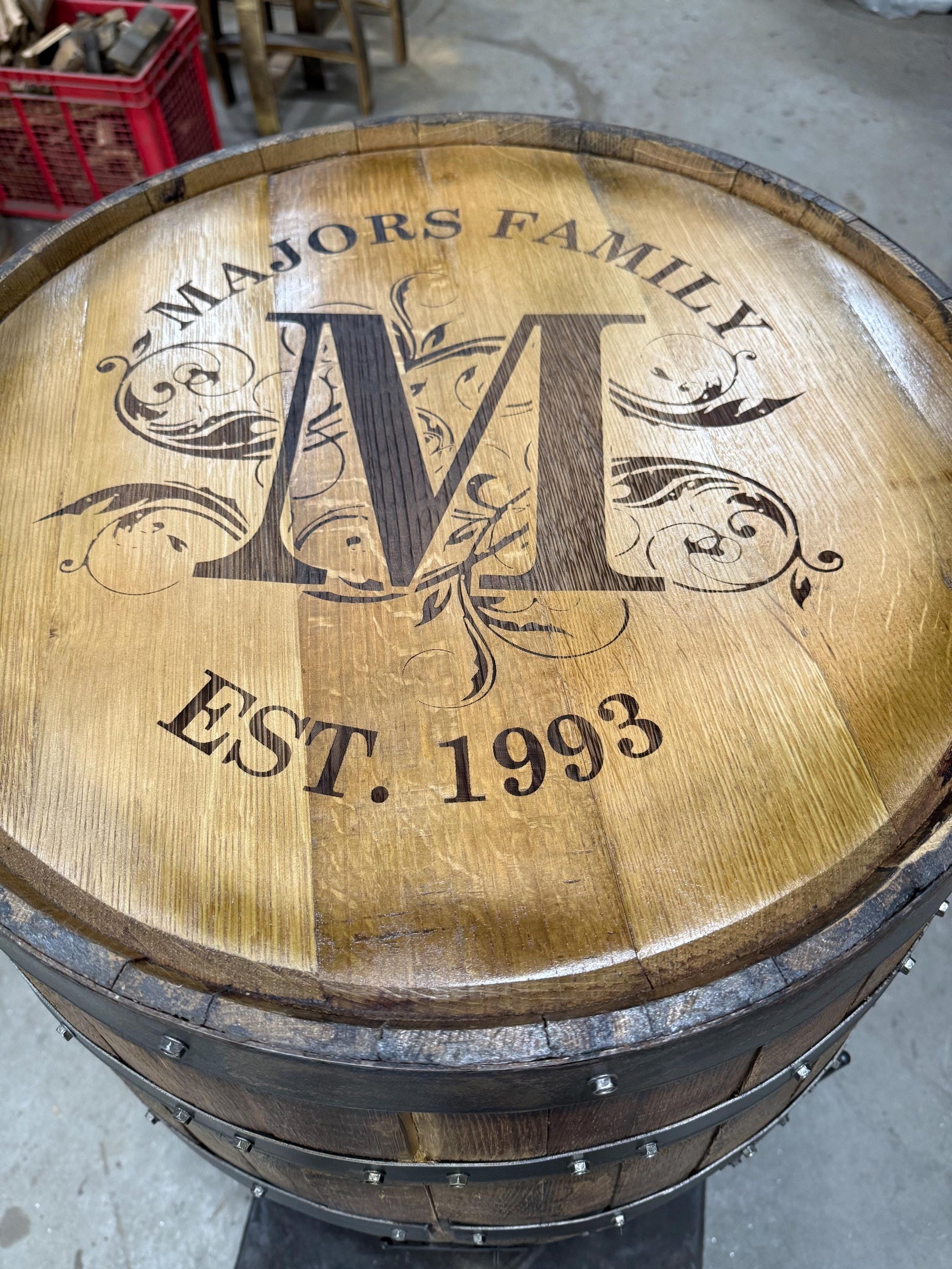 Custom made Bourbon Barrel Bistro/Pub Table Table with cabinet base and glass insert- Custom designed laser engraving available