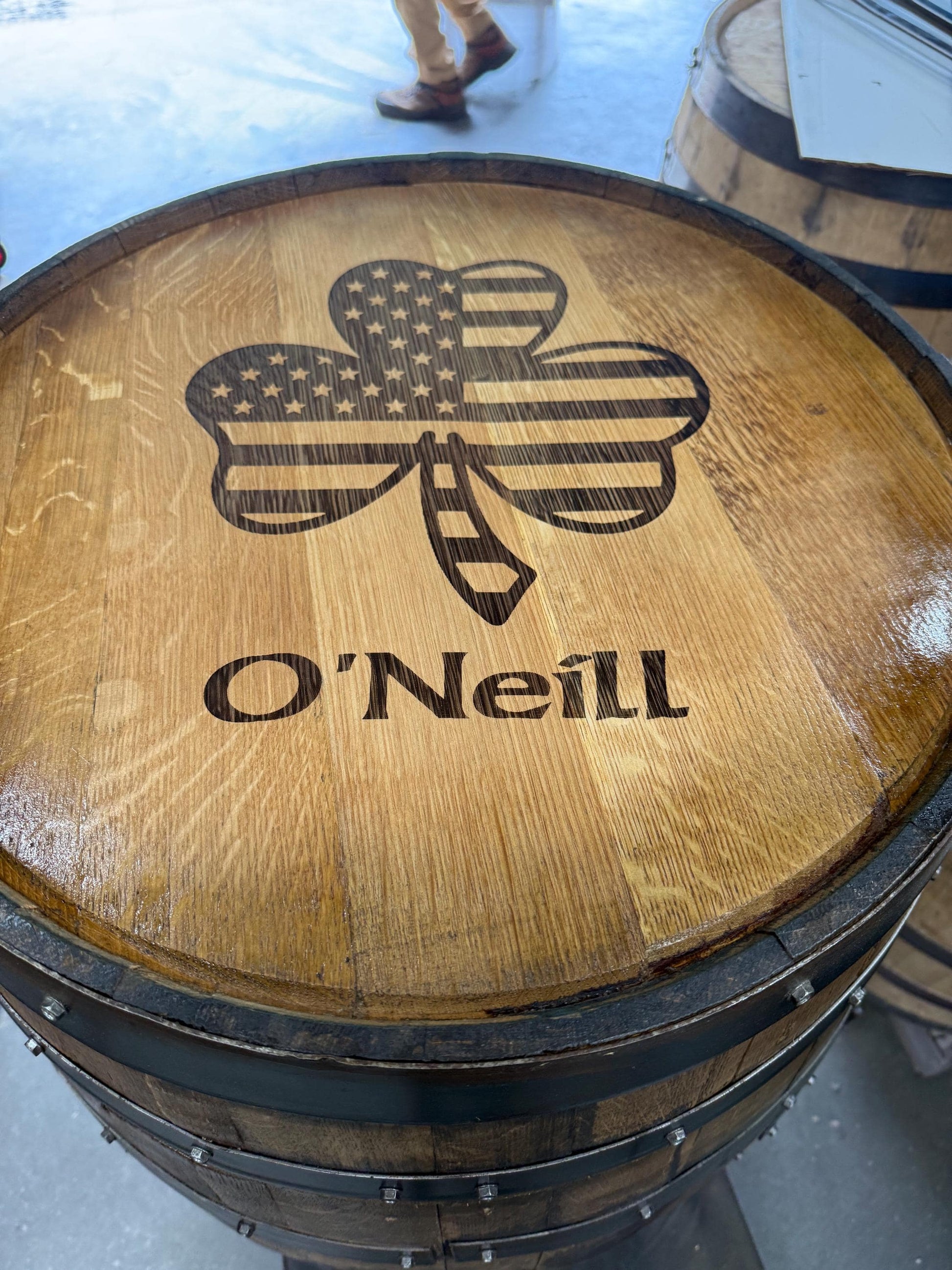 Custom made Bourbon Barrel Bistro/Pub Table Table with cabinet base and glass insert- Custom designed laser engraving available