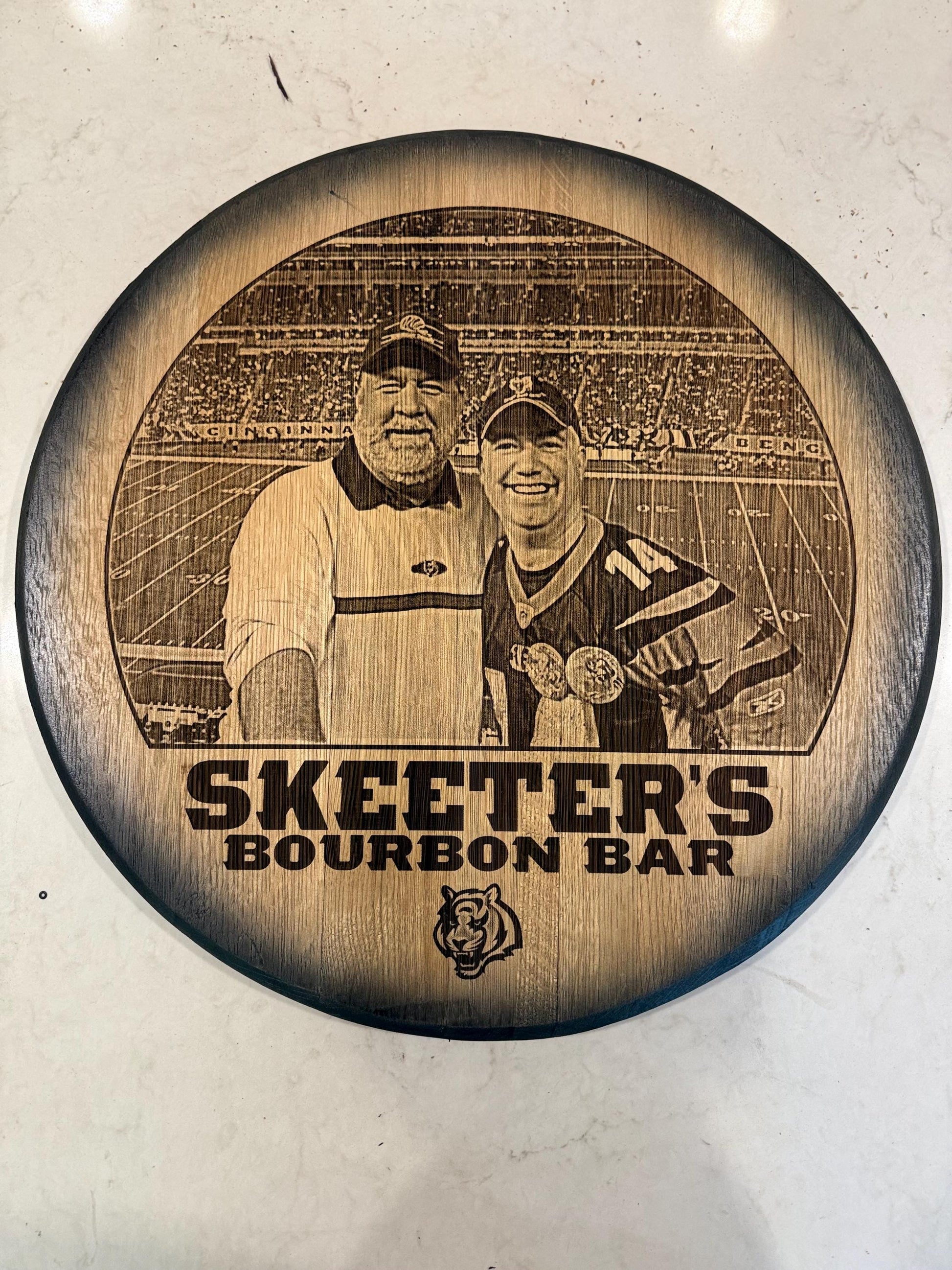 Custom Commemorative Photo Engraved Whiskey Barrel Head