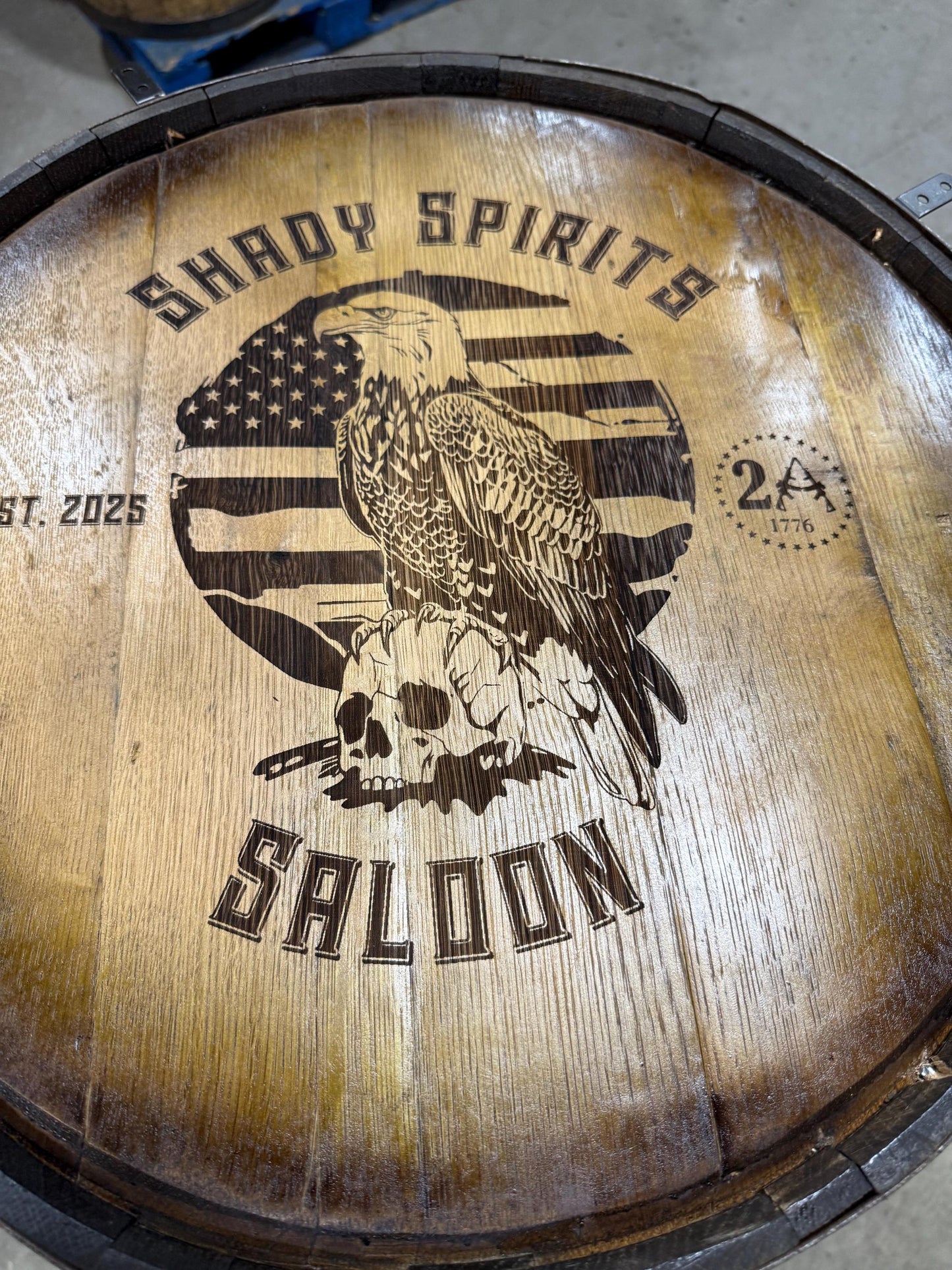 Custom made Bourbon Barrel Bistro/Pub Table Table with glass insert- Custom designed laser engraving available