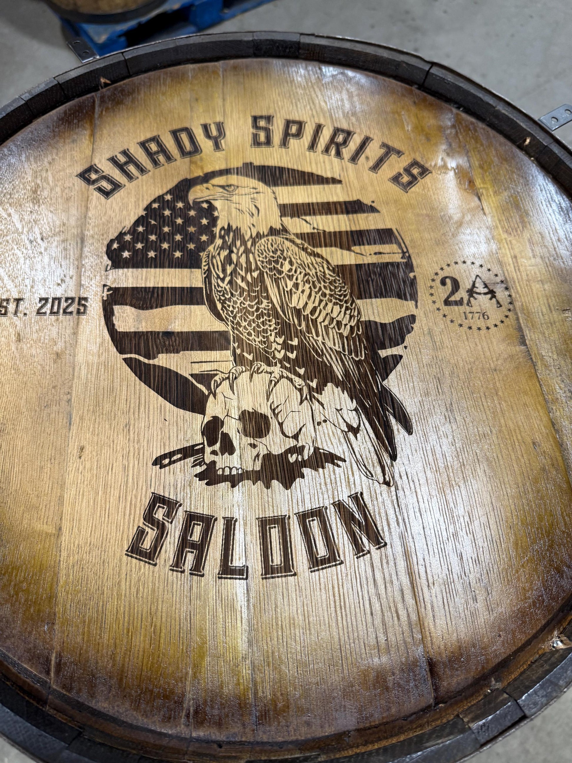 Custom made Bourbon Barrel Bistro/Pub Table Table with glass insert- Custom designed laser engraving available