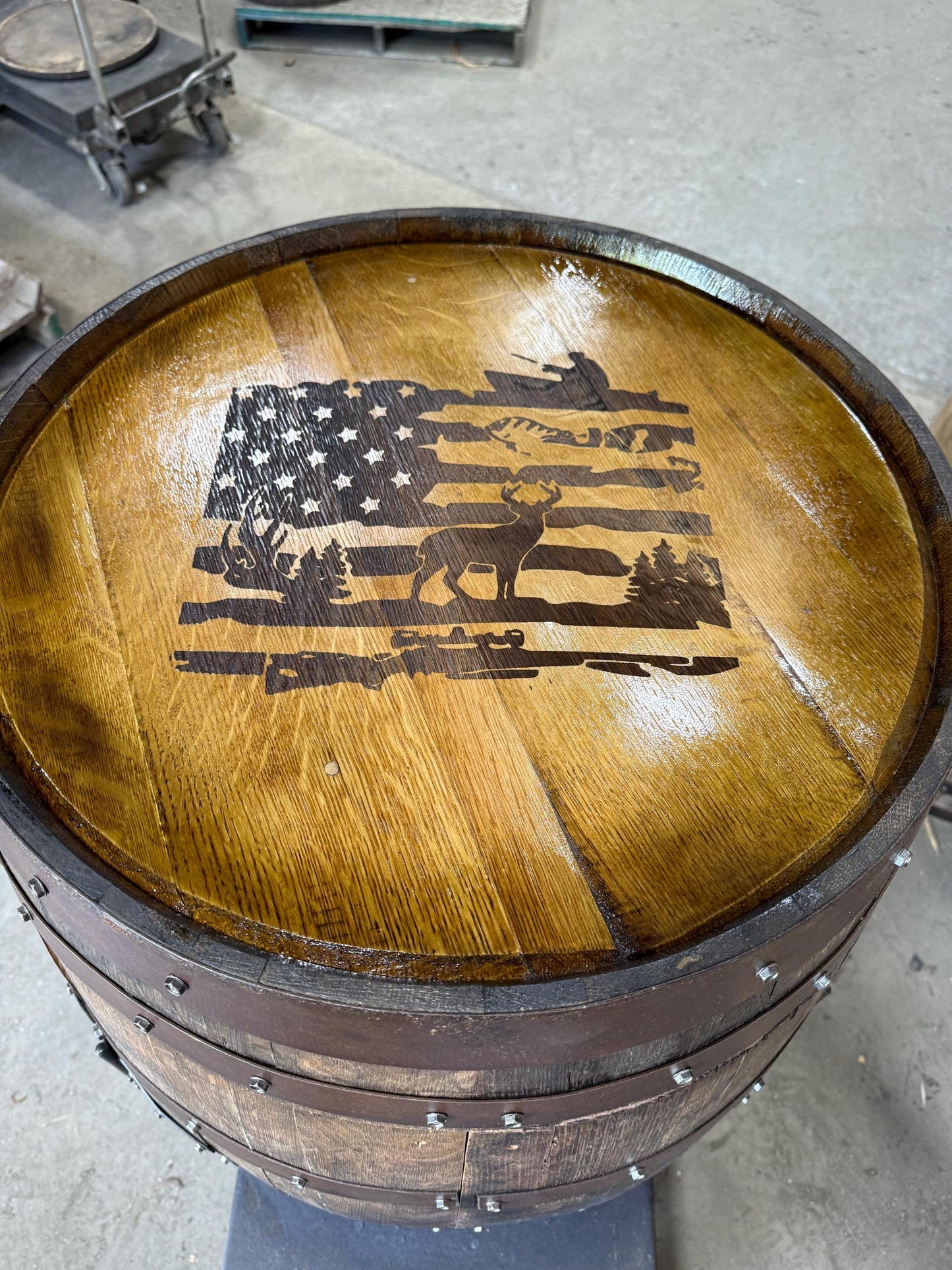Custom made Bourbon Barrel Bistro/Pub Table Table with glass insert- Custom designed laser engraving available