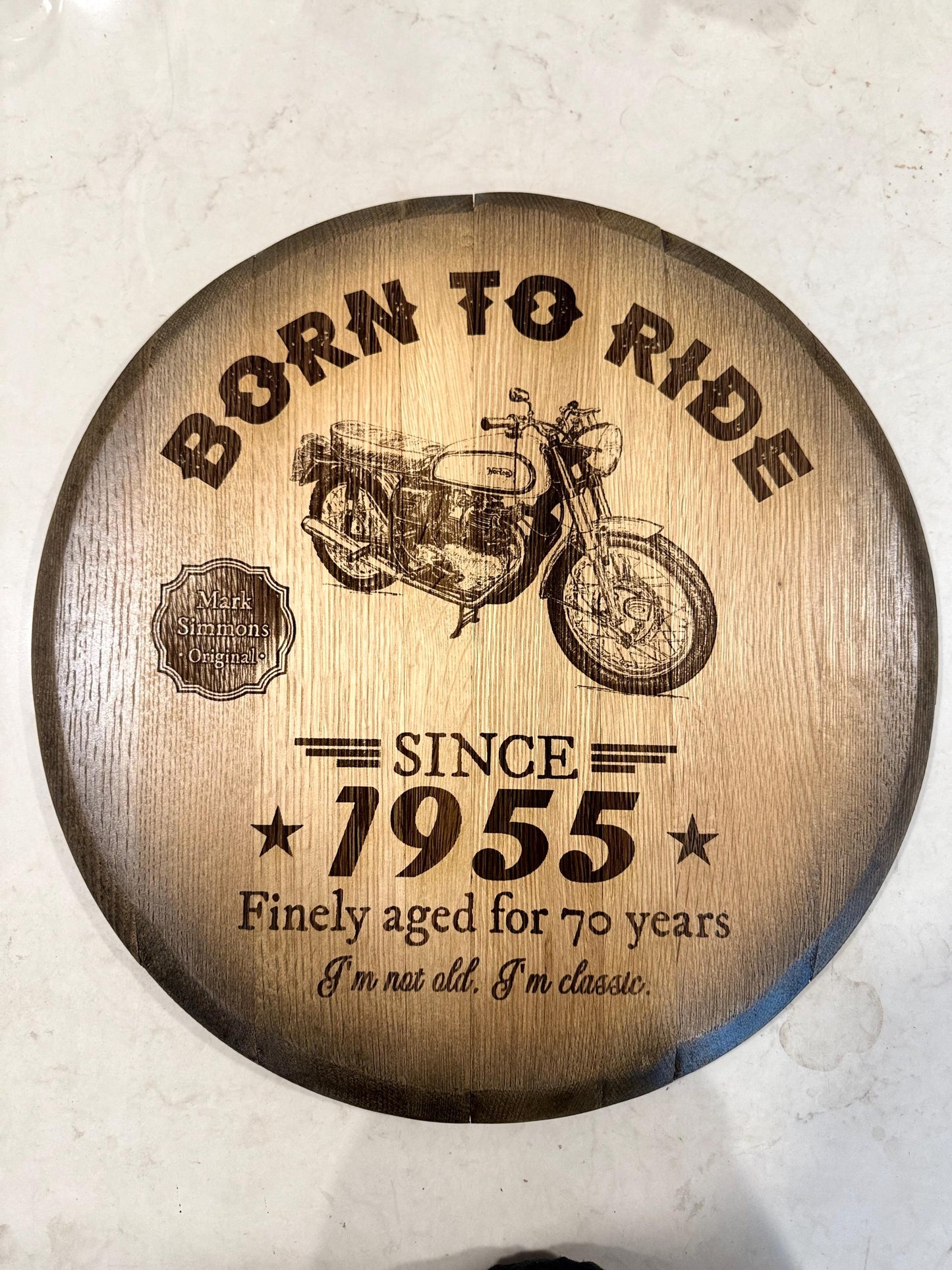 Customized Motorcycle Themed Engraved Whiskey Barrel Head
