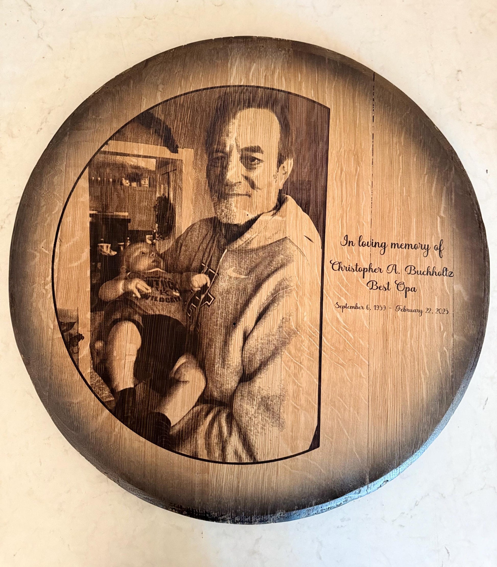 Custom Commemorative Photo Engraved Whiskey Barrel Head