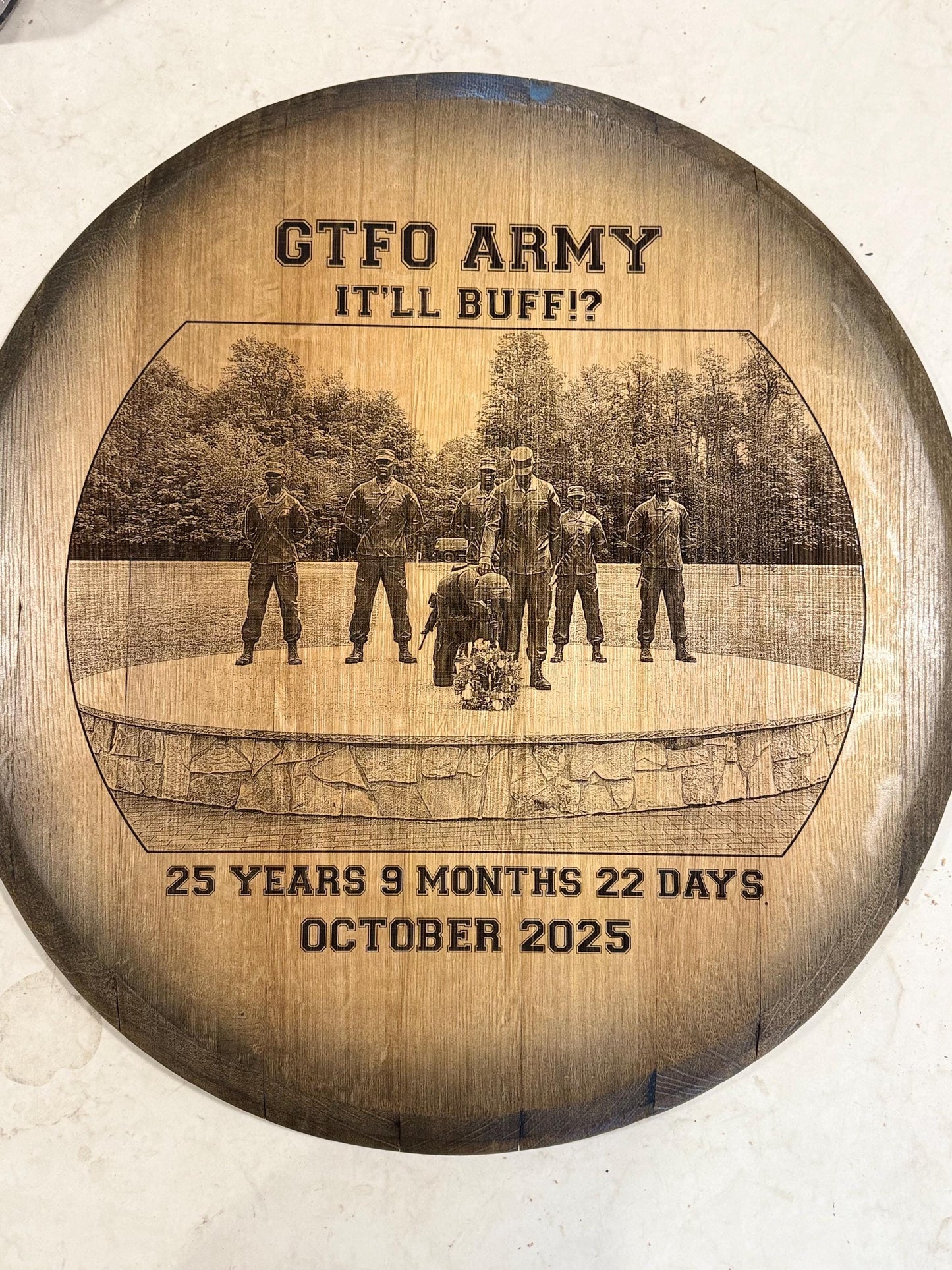 Custom Commemorative Photo Engraved Whiskey Barrel Head