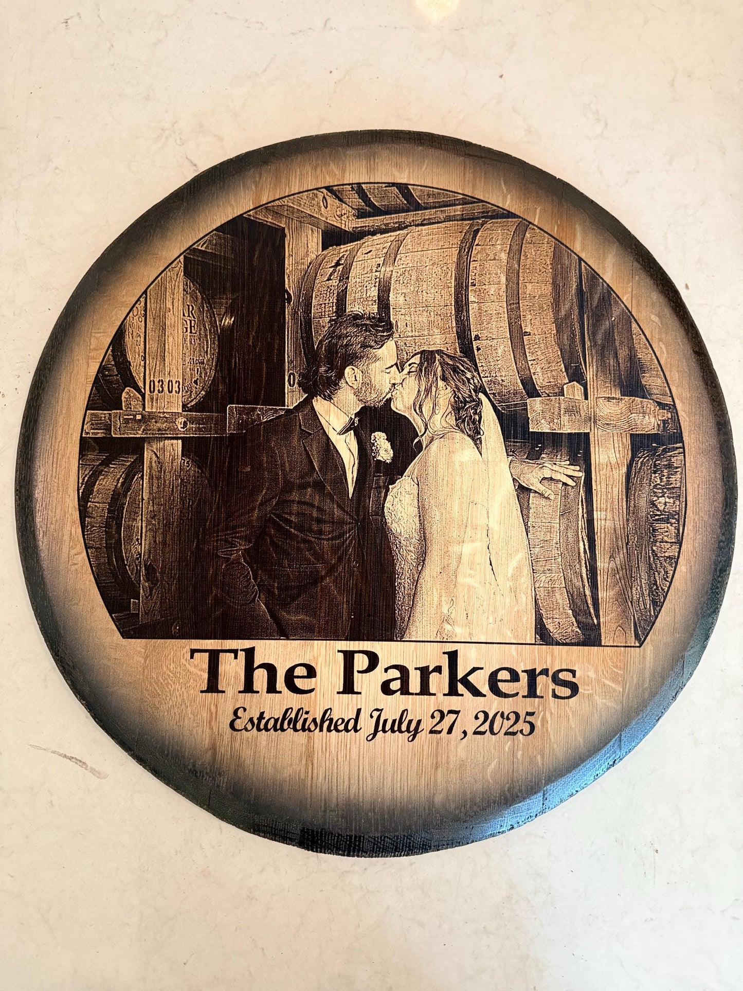 Custom Commemorative Photo Engraved Whiskey Barrel Head