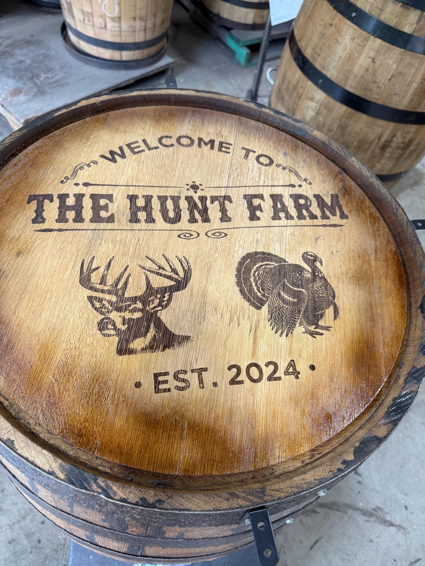 Custom made Bourbon Barrel Bistro/Pub Table Table with glass insert- Custom designed laser engraving available