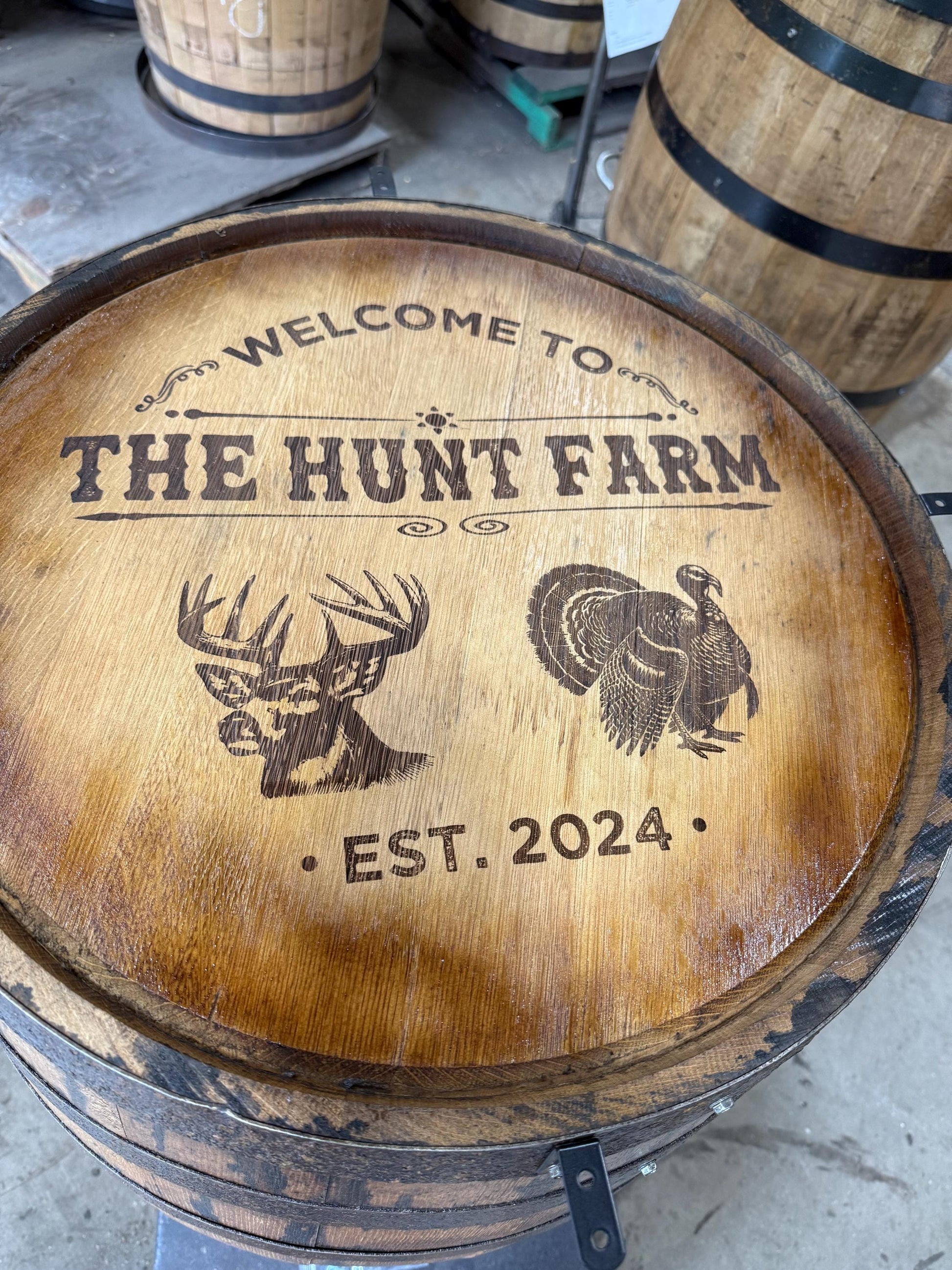 Custom made Bourbon Barrel Bistro/Pub Table Table with glass insert- Custom designed laser engraving available