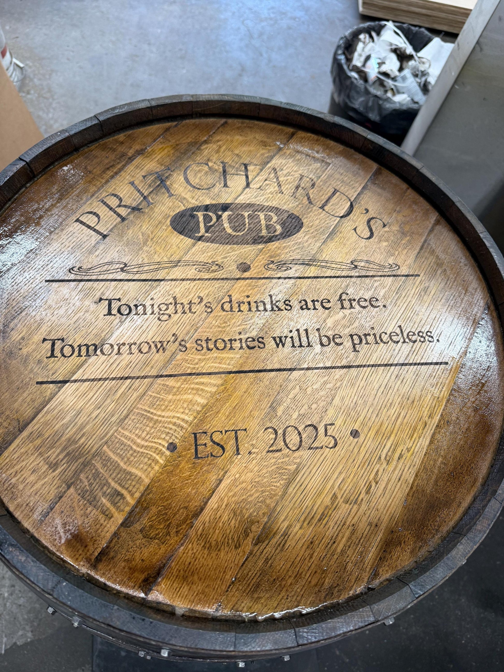 Custom made Bourbon Barrel Bistro/Pub Table Table with glass insert- Custom designed laser engraving available