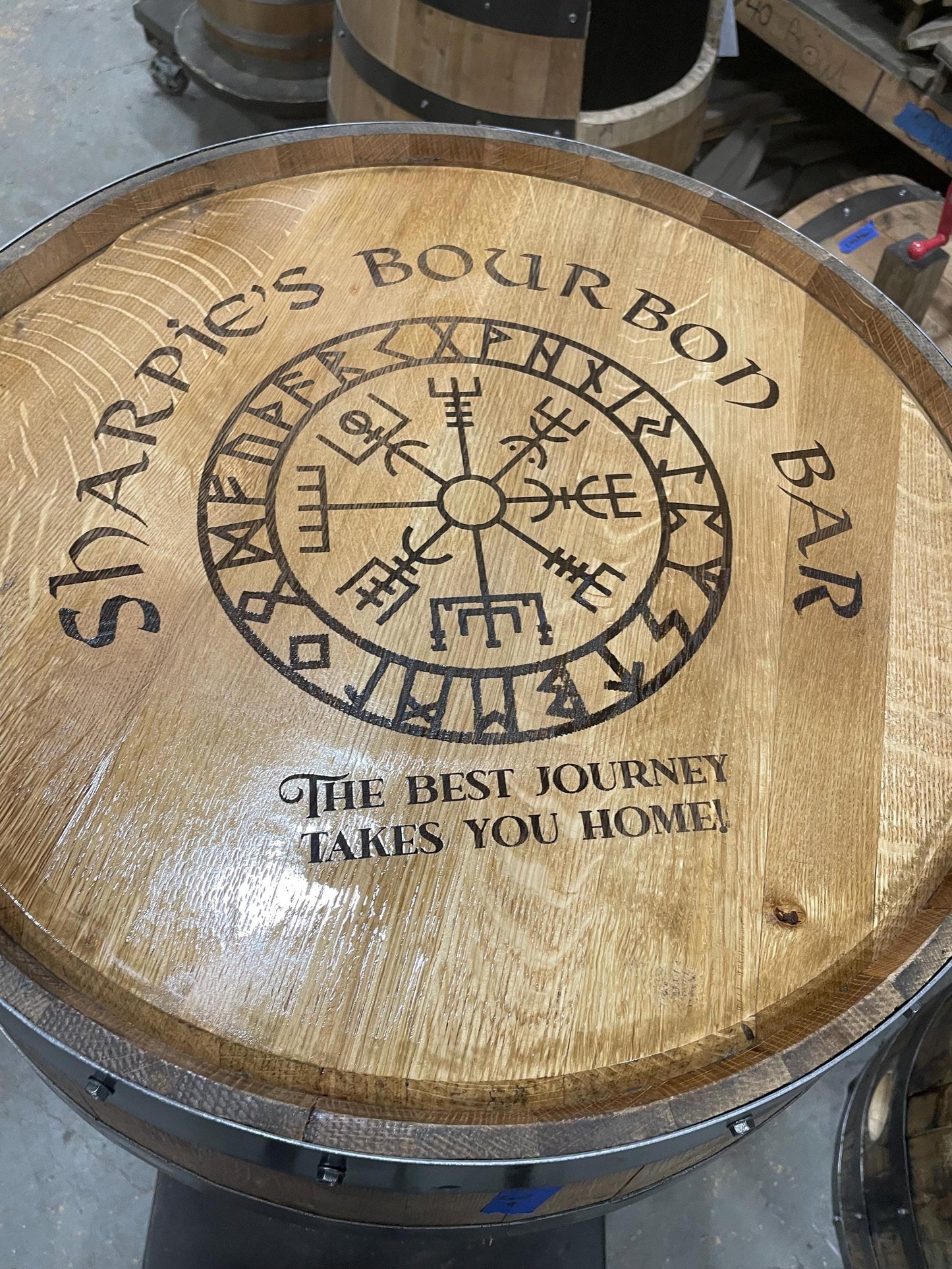 Custom made Bourbon Barrel Bistro/Pub Table Table with glass insert- Custom designed laser engraving available