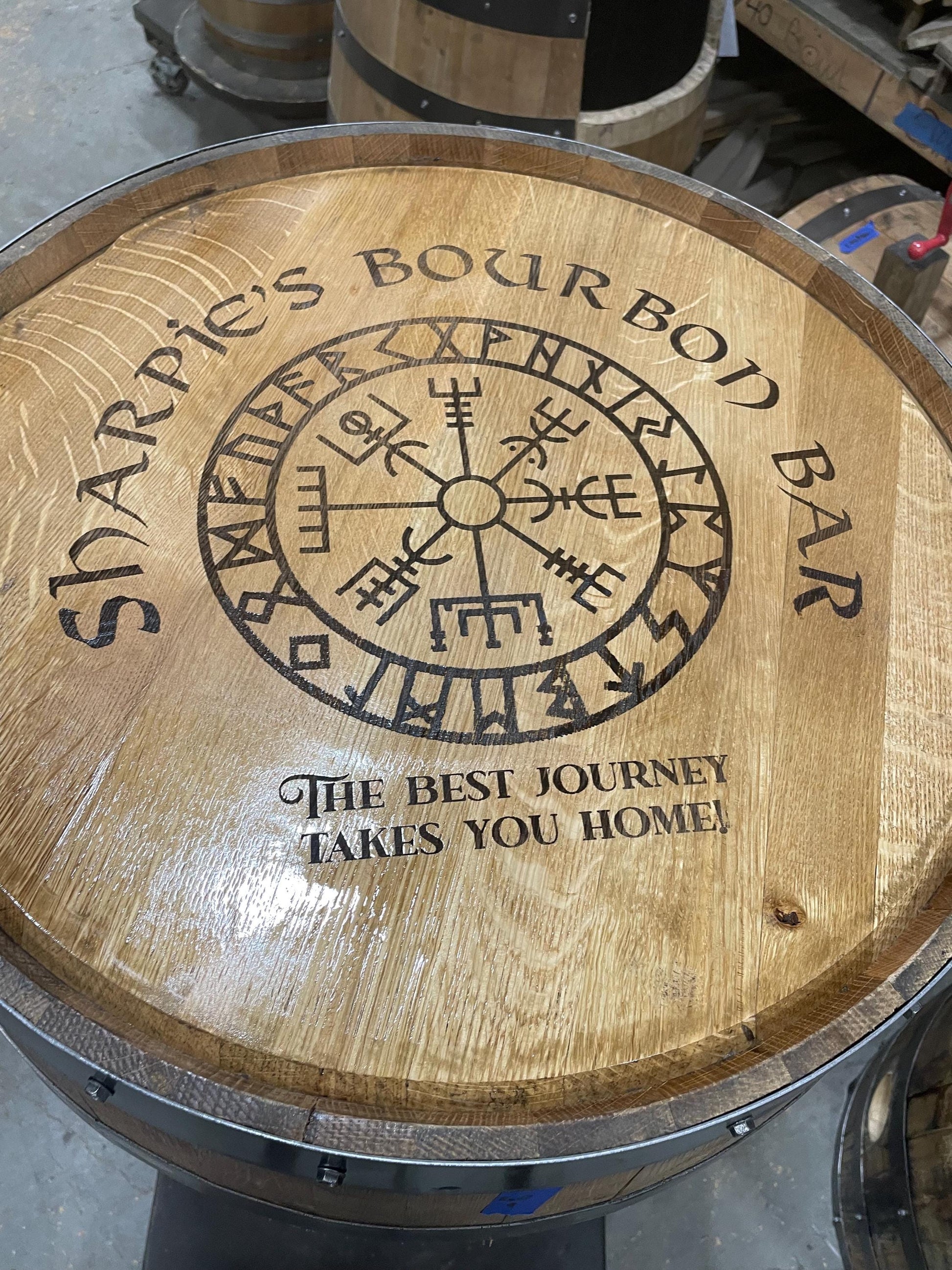 Custom made Bourbon Barrel Bistro/Pub Table Table with glass insert- Custom designed laser engraving available