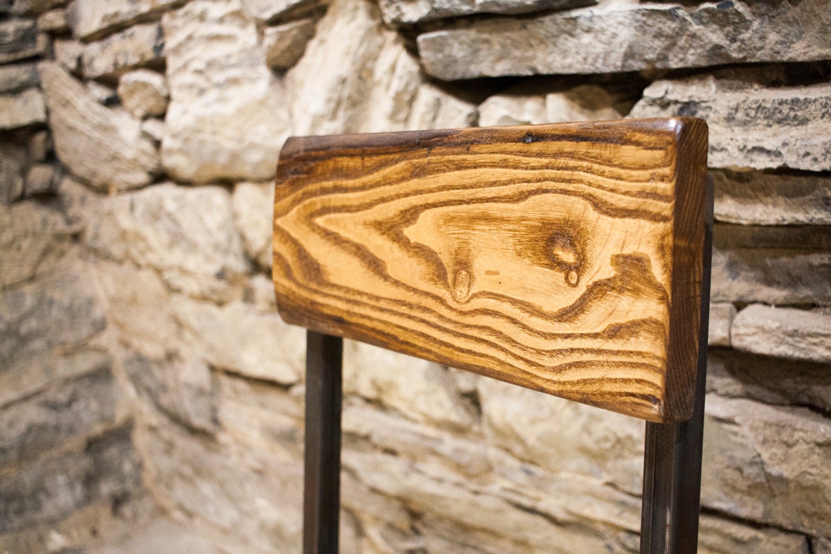 Modern Farmhouse Stool With Back, Solid Wood Bar Chair, Metal Bar Stools, ZEITGEIST, Sturdy Urban Chairs, Reclaimed Wood Dining Chair, Rebar