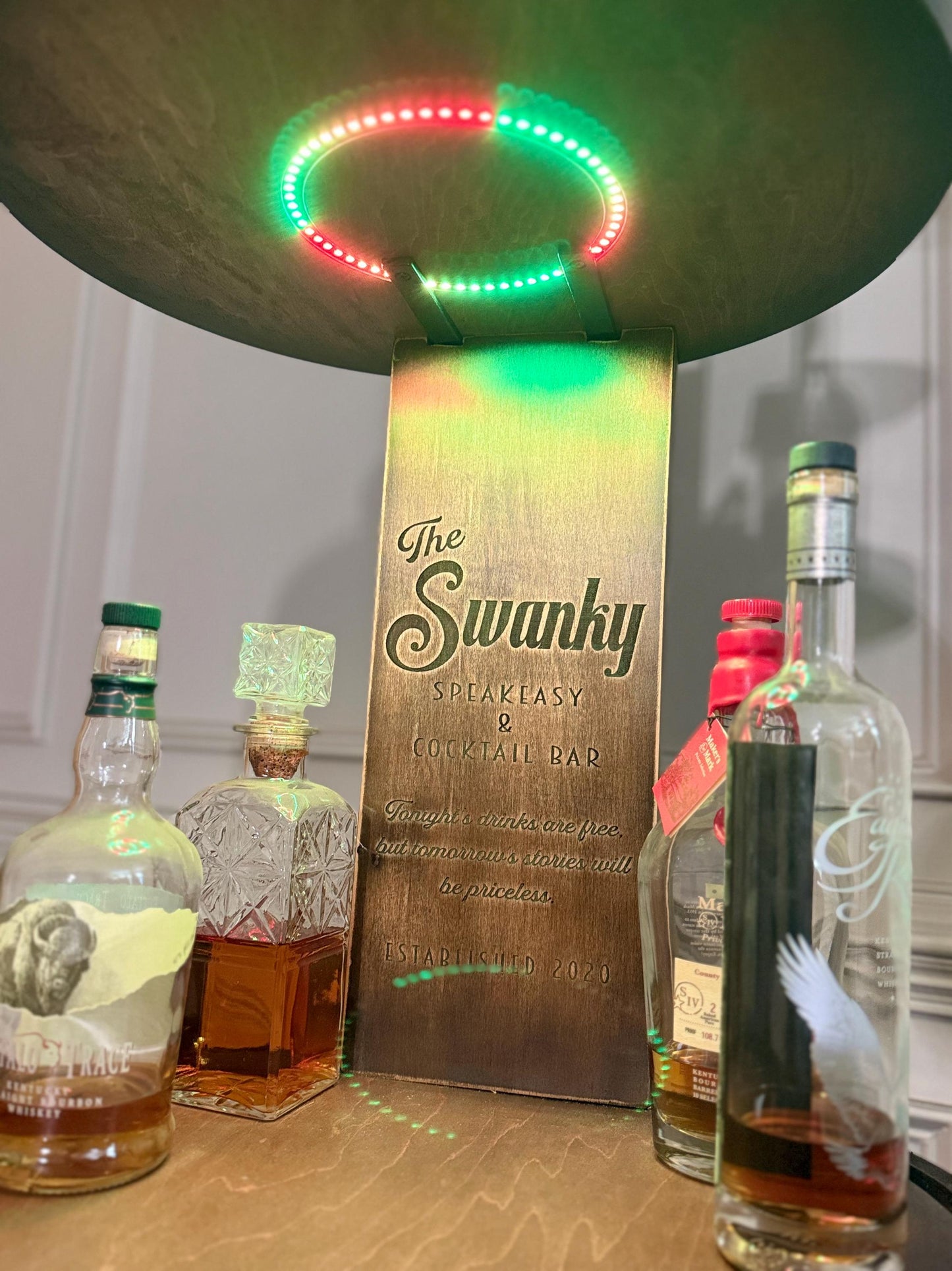 Motorized Pop Up Bourbon Barrel Cabinet. Remote control & LED lighting. Works with Alexa and Google Home. Custom engraving available.