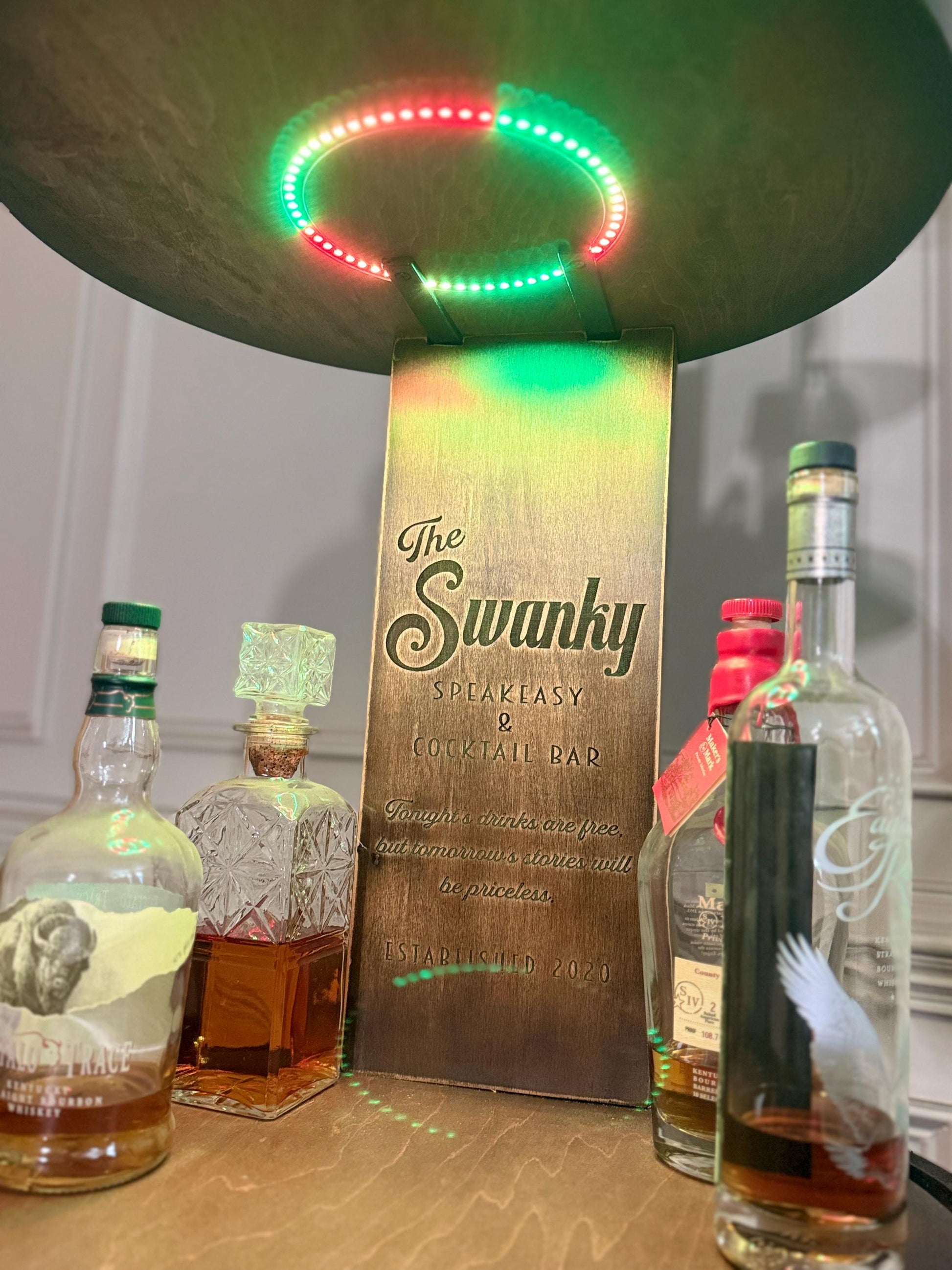 Motorized Pop Up Bourbon Barrel Cabinet. Remote control & LED lighting. Works with Alexa and Google Home. Custom engraving available.