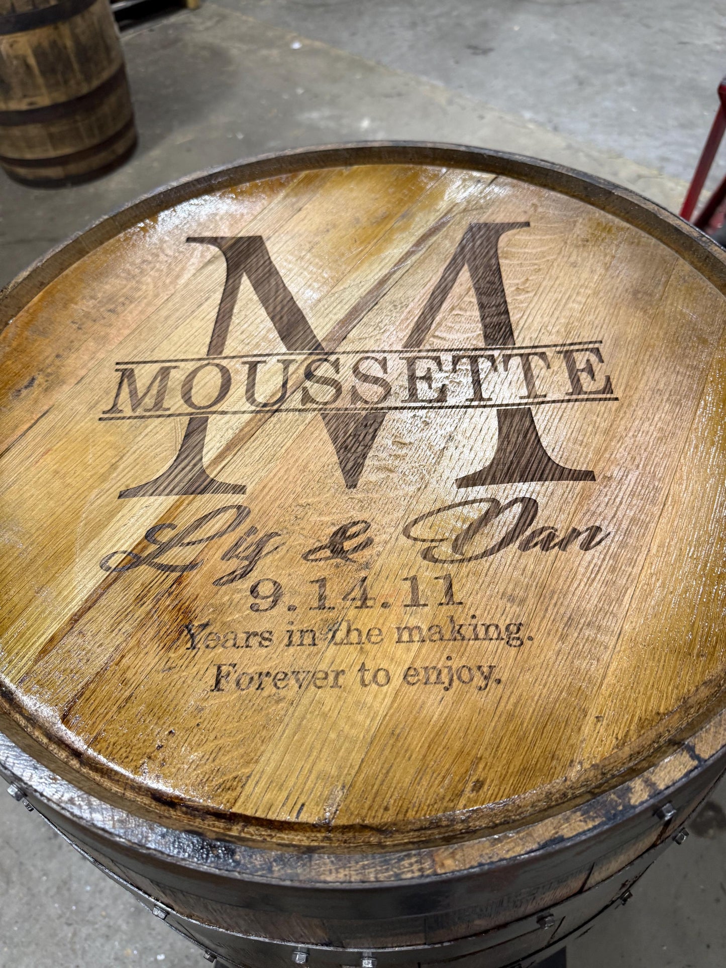 Motorized Pop Up Bourbon Barrel Cabinet. Remote control & LED lighting. Works with Alexa and Google Home. Custom engraving available.