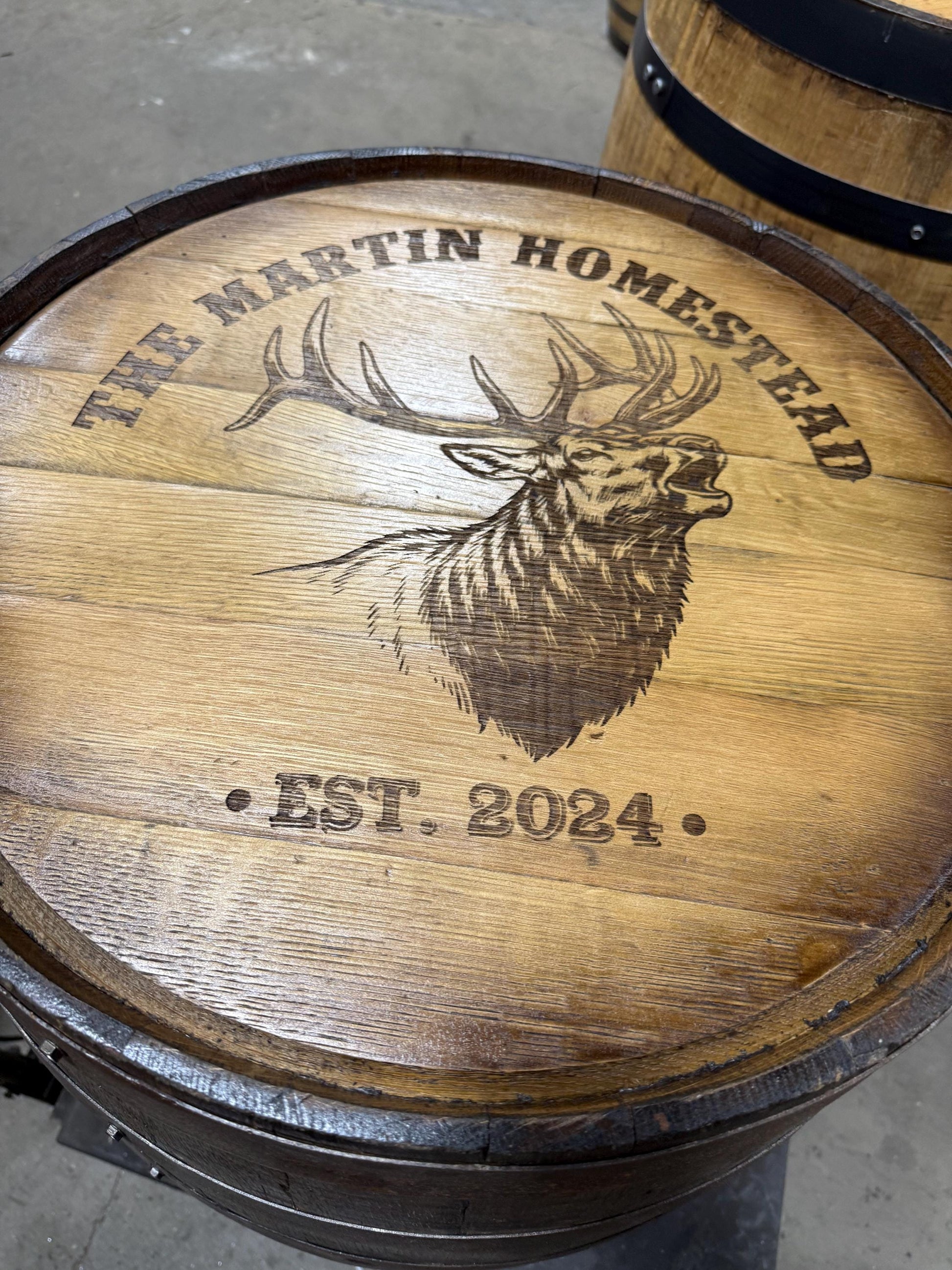 Motorized Pop Up Bourbon Barrel Cabinet. Remote control & LED lighting. Works with Alexa and Google Home. Custom engraving available.