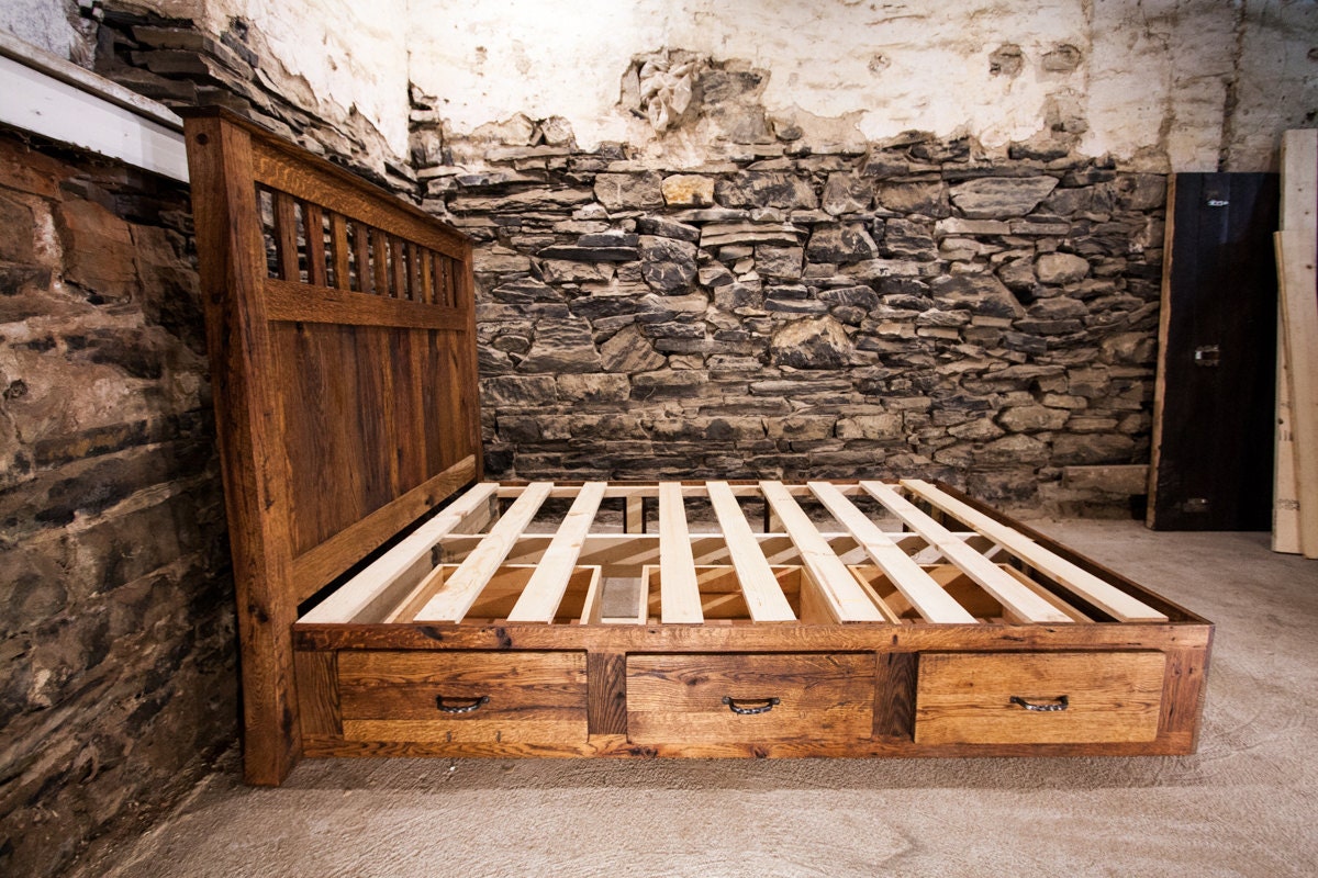Mission Style Oak Bed With Drawers, King Size Platform Bed, Mission Furniture, Solid Hardwood Bed, Reclaimed Wood Platform Bed, Bed Frame