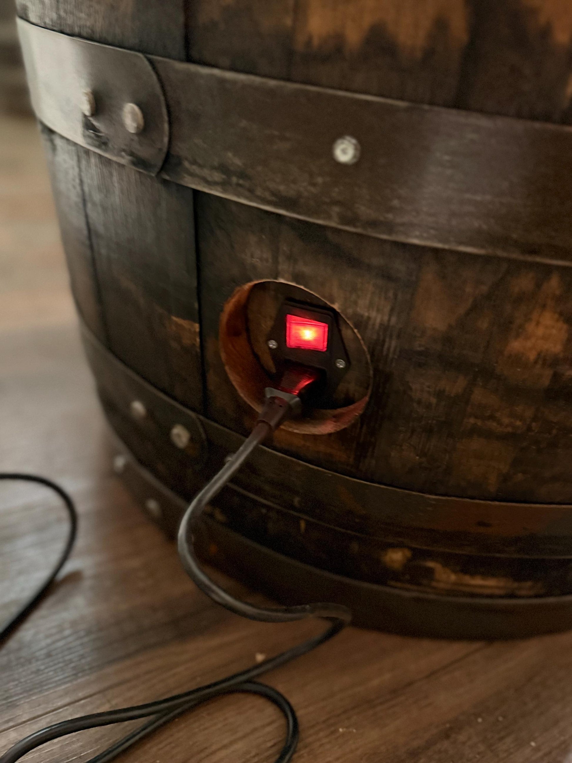Motorized Pop Up Bourbon Barrel Cabinet. Remote control & LED lighting. Works with Alexa and Google Home. Custom engraving available.