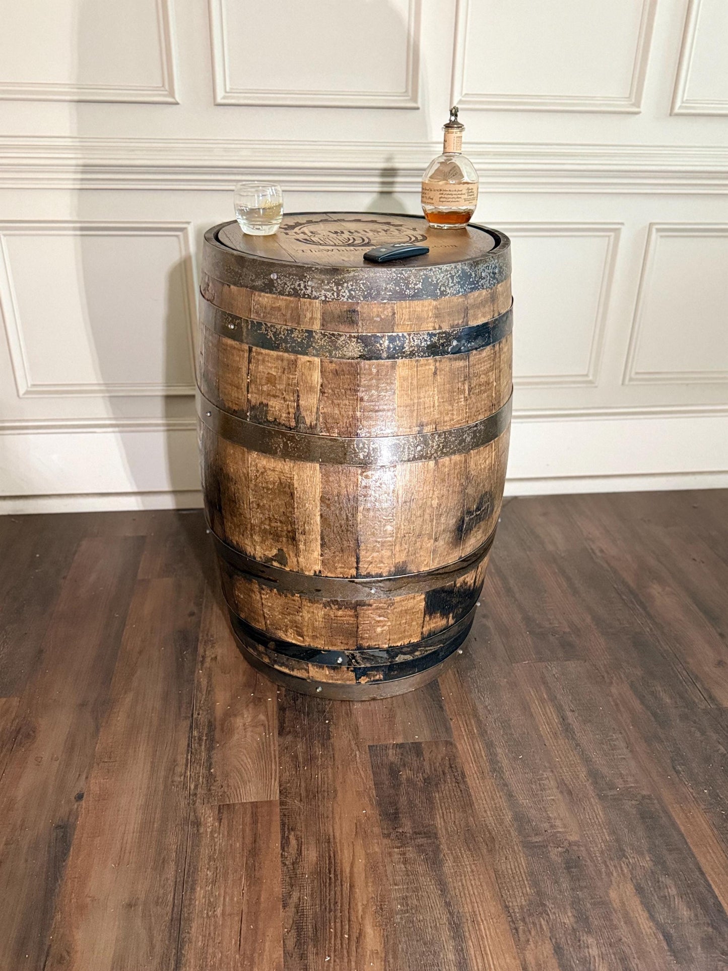 Motorized Pop Up Bourbon Barrel Cabinet. Remote control & LED lighting. Works with Alexa and Google Home. Custom engraving available.