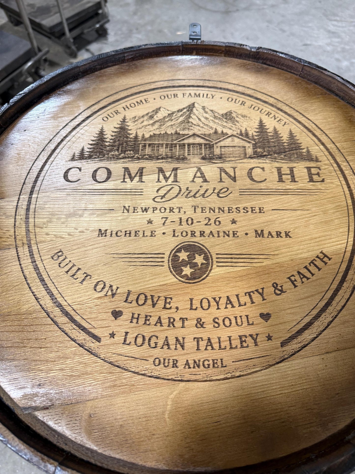 Motorized Pop Up Bourbon Barrel Cabinet. Remote control & LED lighting. Works with Alexa and Google Home. Custom engraving available.