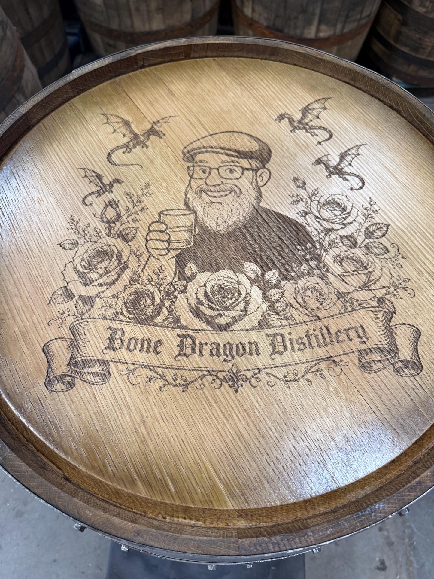 Motorized Pop Up Bourbon Barrel Cabinet. Remote control & LED lighting. Works with Alexa and Google Home. Custom engraving available.