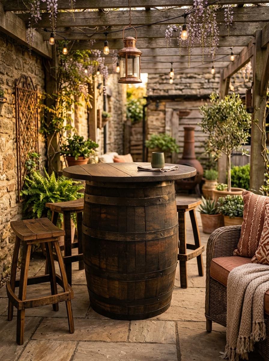 Outdoor Bourbon Barrel Bistro/Patio Table with optional stools