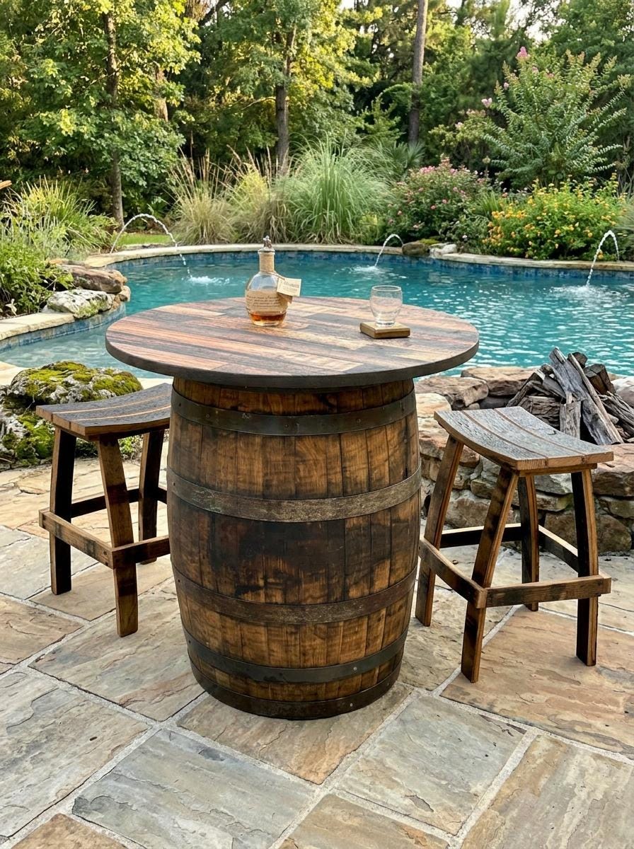 Outdoor Bourbon Barrel Bistro/Patio Table with optional stools