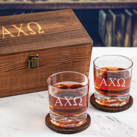 Alpha Delta Phi Custom Engraved Personalized Whiskey Glasses In Wood Gift Box