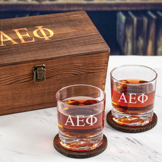 Alpha Epsilon Phi Custom Engraved Personalized Whiskey Glasses In Wood Gift Box
