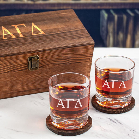 Alpha Gamma Delta Custom Engraved Personalized Whiskey Glasses In Wood Gift Box