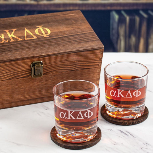 Alpha Kappa Delta Phi Custom Engraved Personalized Whiskey Glasses In Wood Gift Box