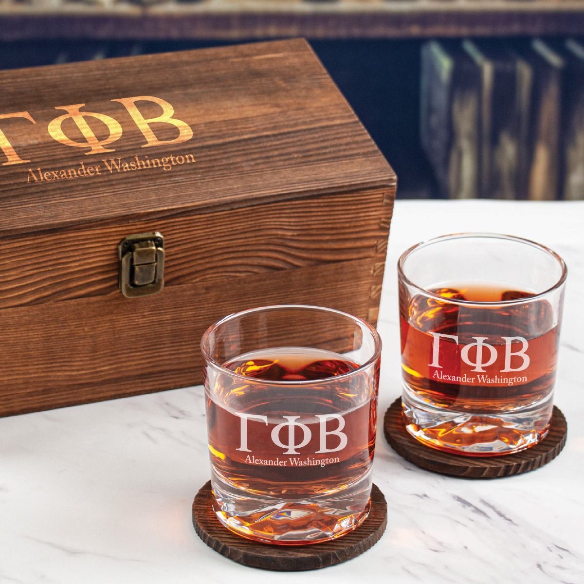Gamma Phi Beta Custom Engraved Personalized Whiskey Glasses In Wood Gift Box