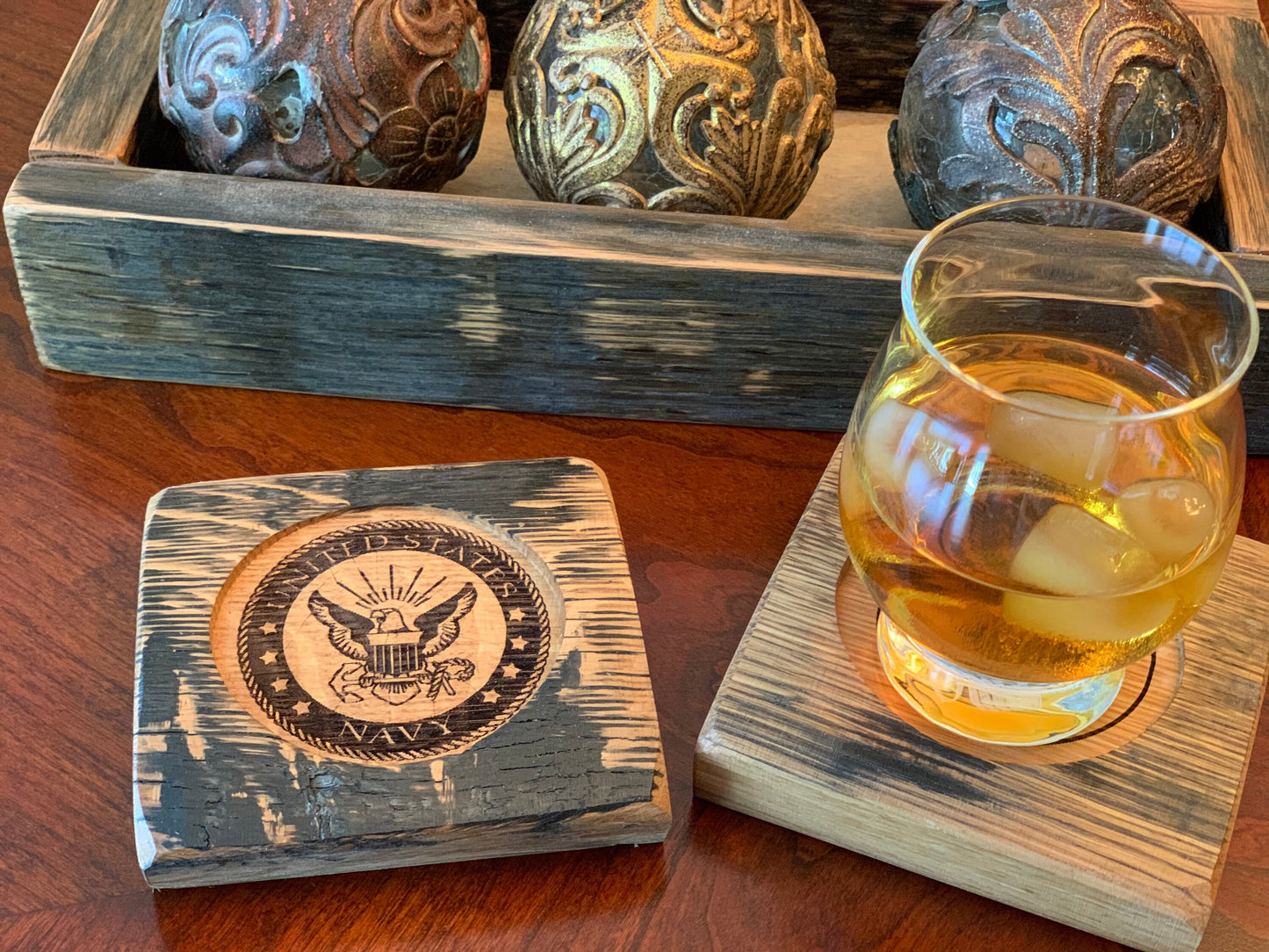 Navy bourbon barrel stave coasters-set of 4