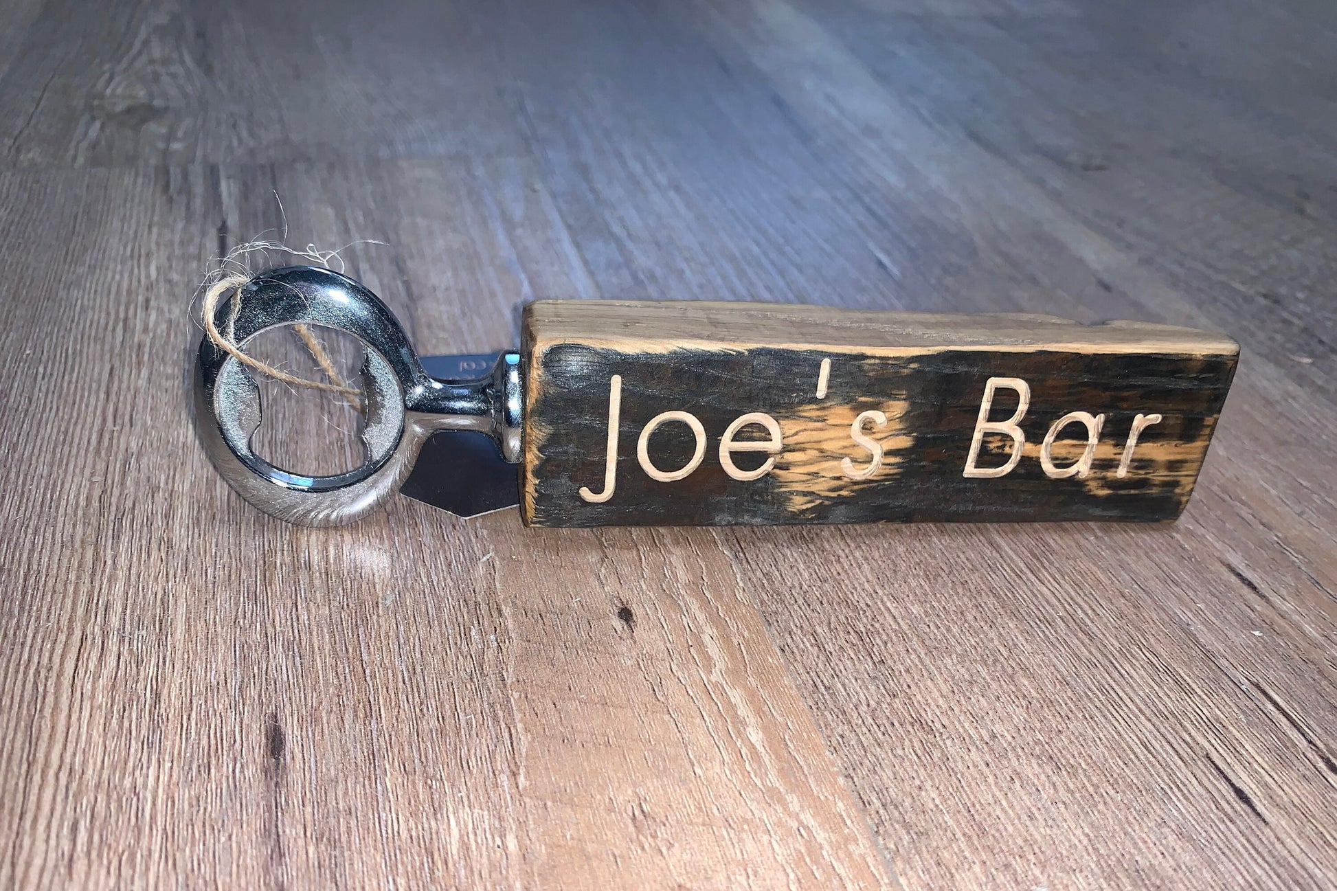 Custom engraved bourbon barrel stave bottle opener