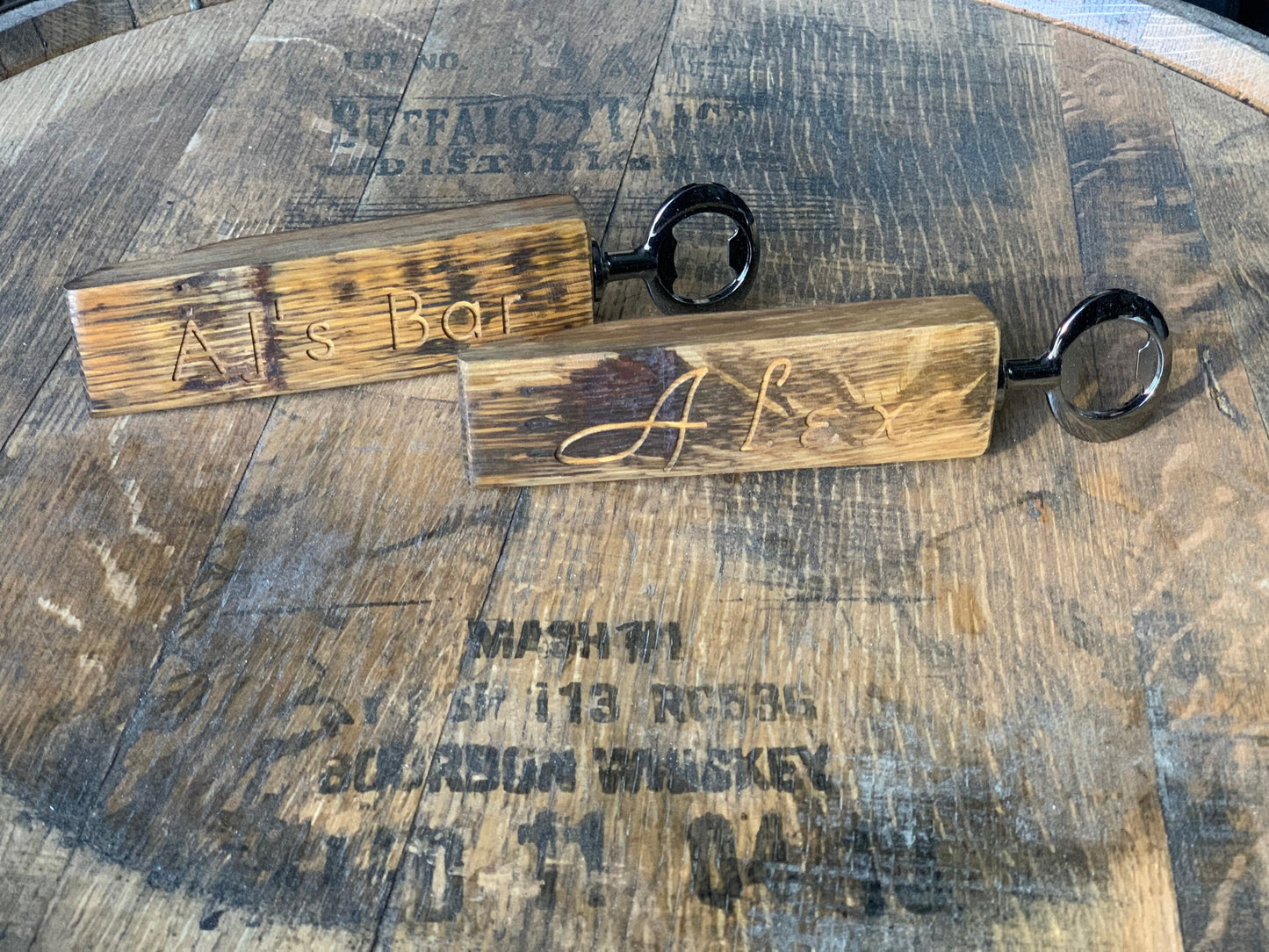 Custom engraved bourbon barrel stave bottle opener