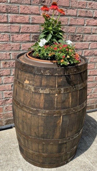 Wine/whiskey barrel wood planter made from hotsell authentic reclaimed barrel wood.