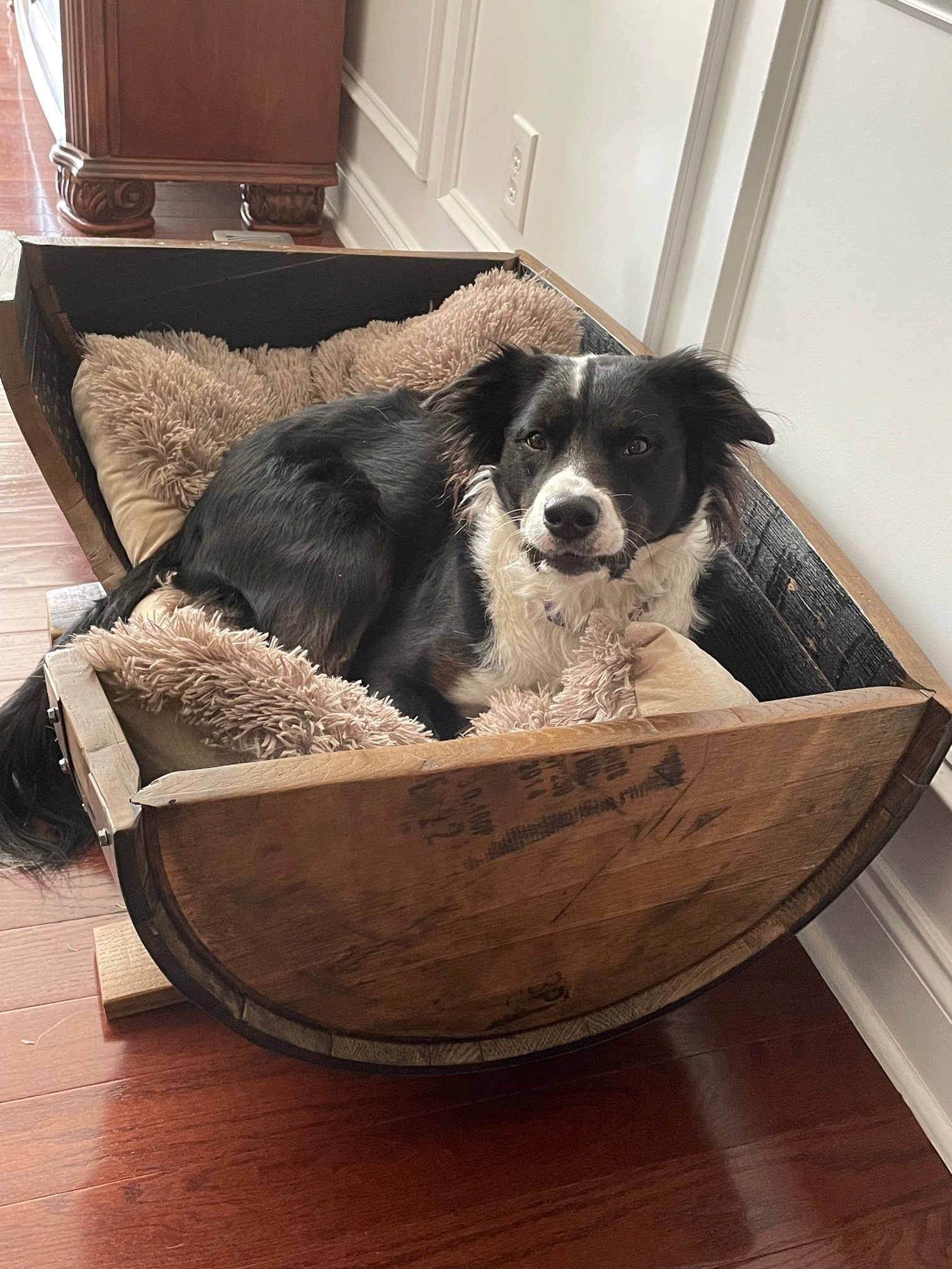 Whiskey Barrel Dog Bed- Josie approved!