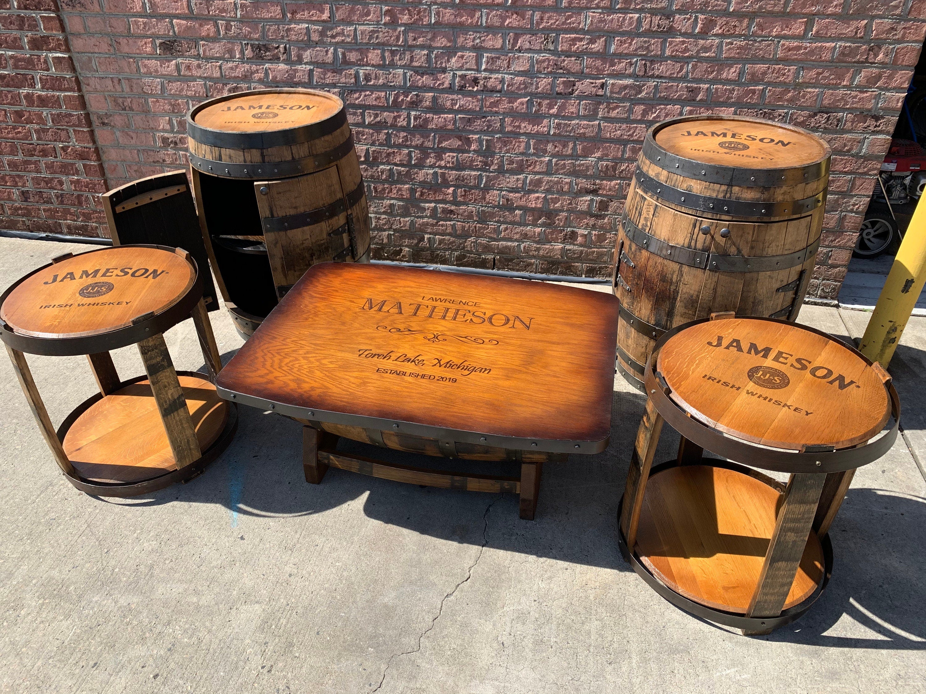 Bourbon barrel table on sale and chairs